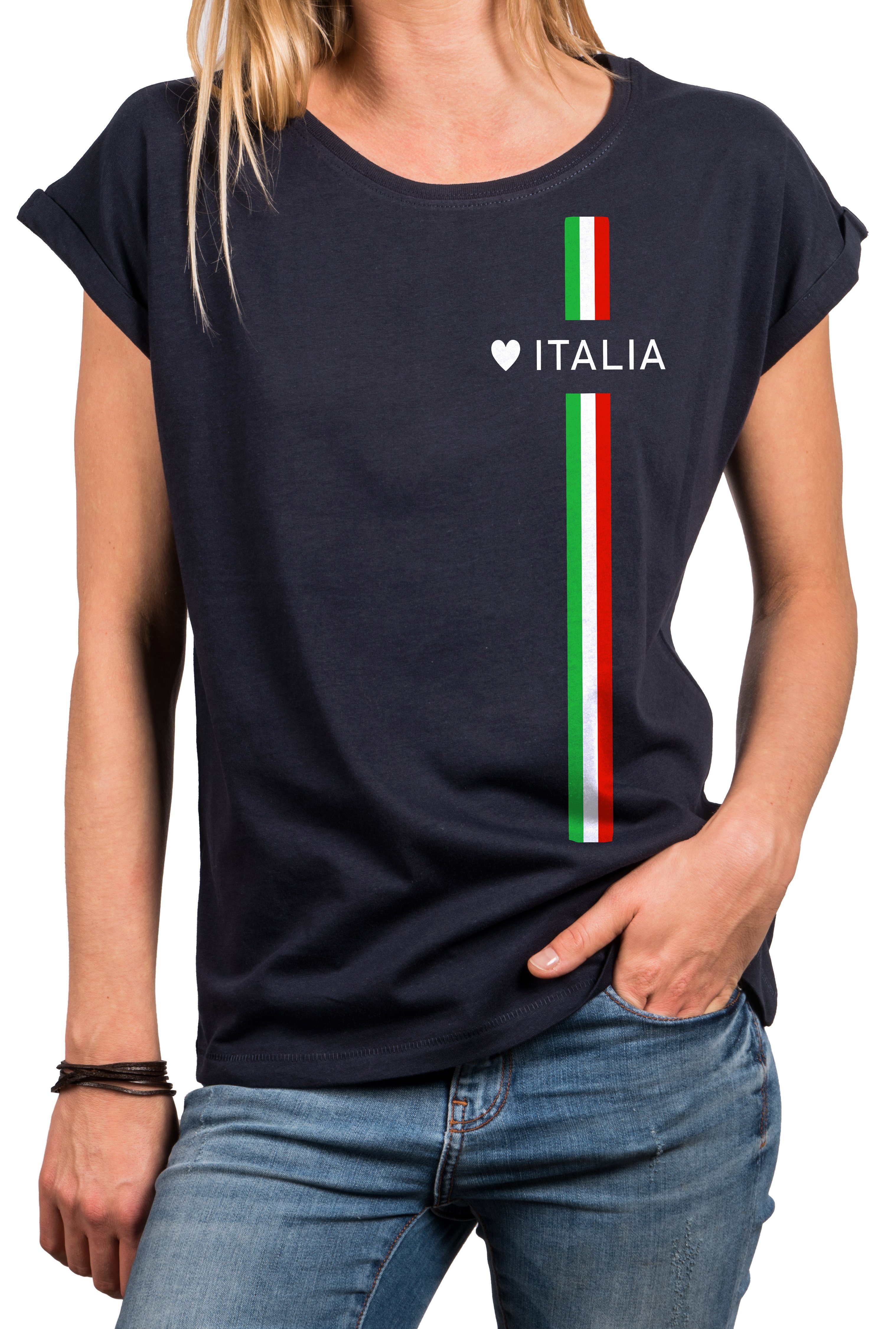 Blau Top Mode Italien Herz Italia Italienische Kurzarmshirt, Style mit Print-Shirt MAKAYA Italiano Druck Trikot Damen