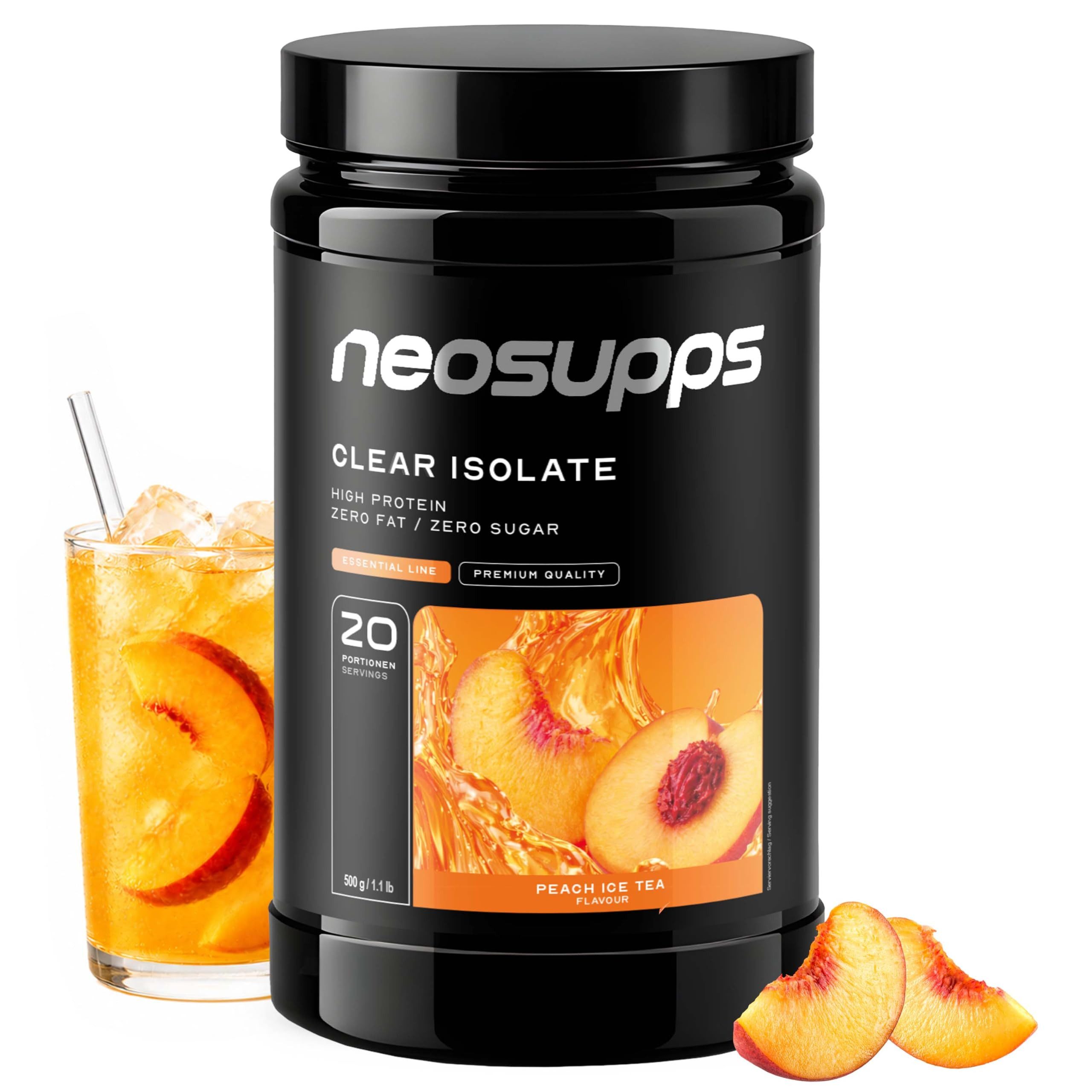 Neosupps Clear Whey Isolat Protein Pulver 500g, Peach Ice Tea Geschmack Pulver, 500 g, Made in Germany, Hochwertiger Molkenprotein Isolat