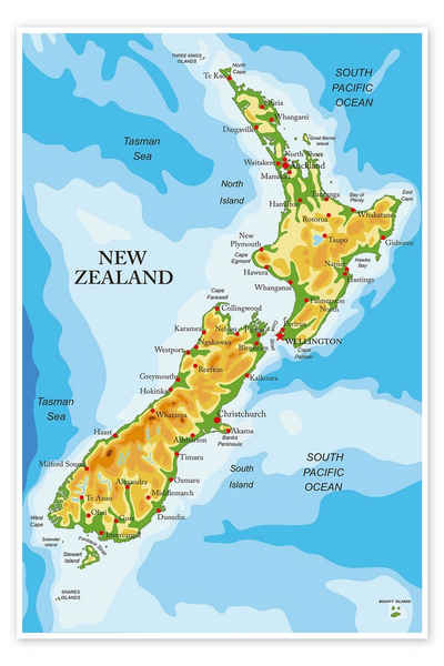 Posterlounge Poster Editors Choice, Neuseeland-Landkarte (Englisch), Wohnzimmer Illustration