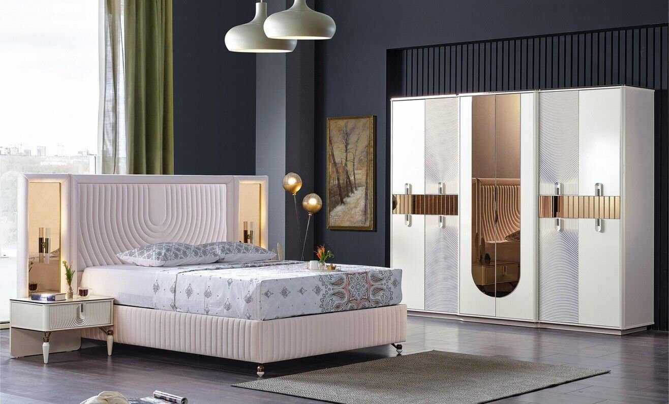 JVmoebel Schlafzimmer-Set Luxus 2x Bett Europa Schlafzimmer Bett Schrank Made 1x Nachttische + Kleiderschrank), Holz Komplettes, Nachttische in + 2x Set (4-St., 1x