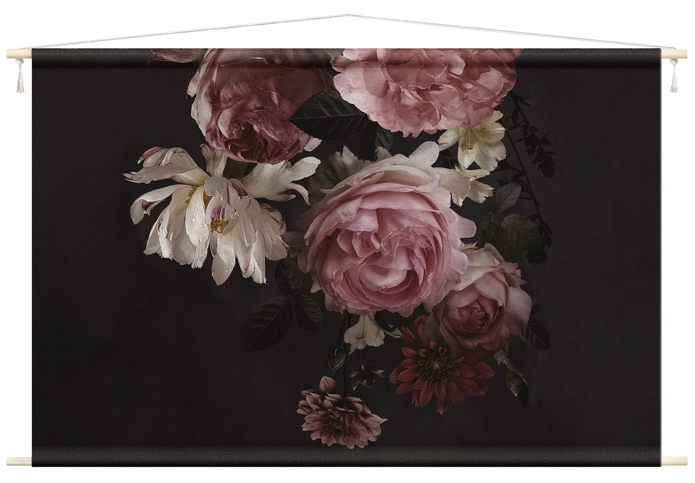 Bilderdepot24 Wandteppich modern Blumen Rosen rosa, rechteckig, Höhe: 2.6 mm, großes Wandbild aus Natur-Baumwolle Wandbehang Stoffbild Tuch Wollseil