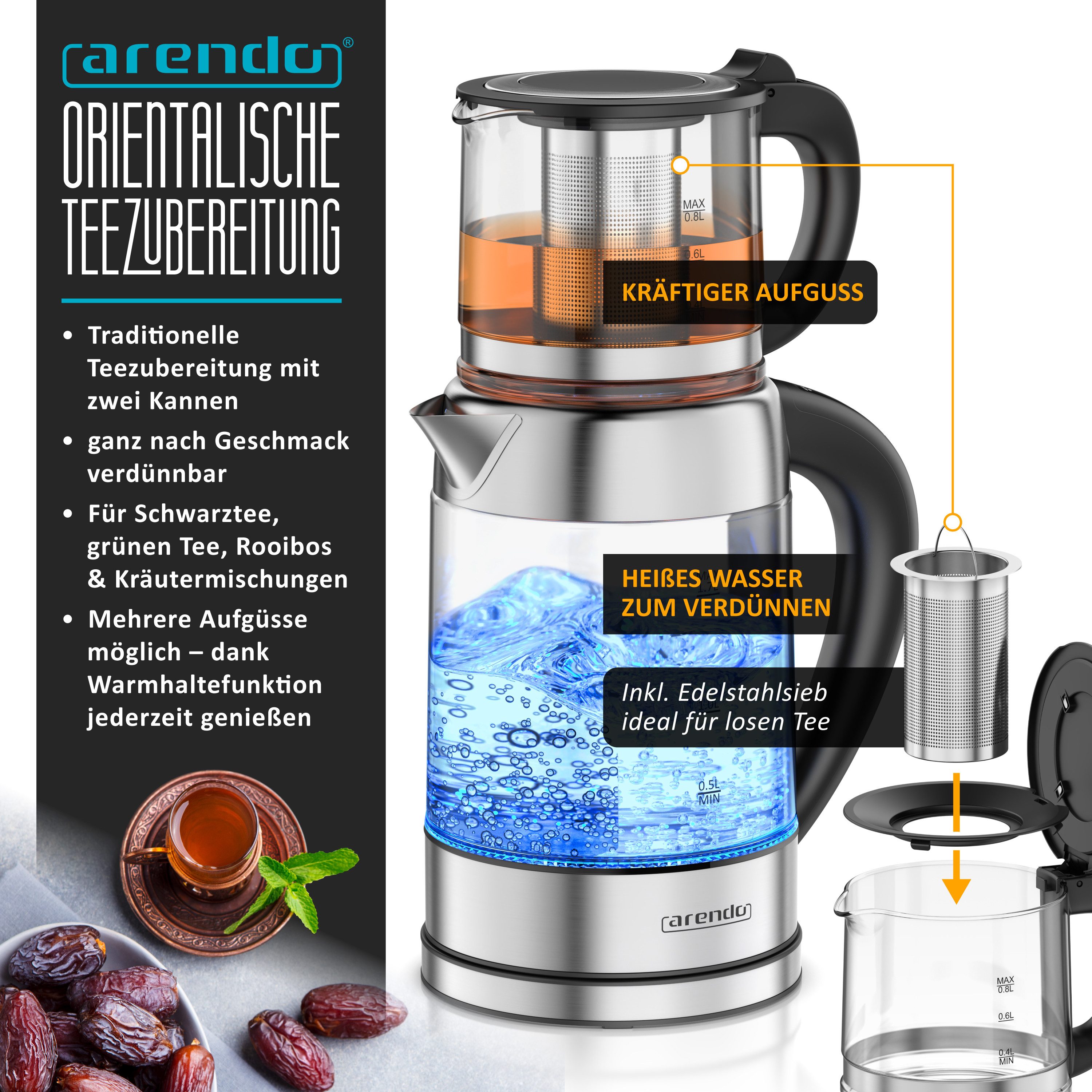 Arendo Wasserkocher aus Glas & Edelstahl, mit Temperatureinstellung und Teesieb, Teekocher, 1,7 l, 2200 W, Temperaturwahl 40 - 100 °C, Warmhaltefunktion, LED‑Farbring, BPA‑frei