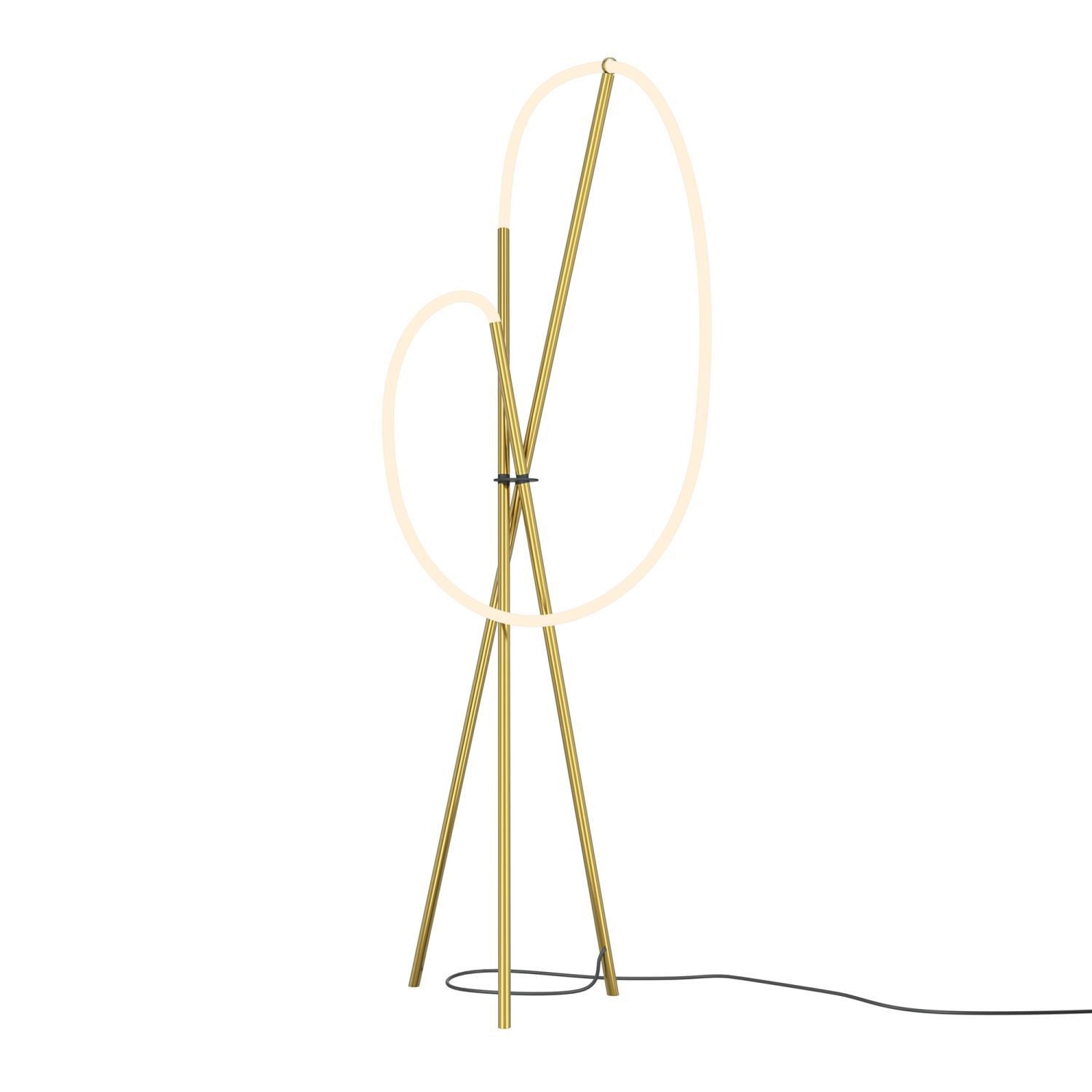 Licht-Erlebnisse Stehlampe GIRA, LED fest integriert, Warmweiß, LED Dimmer Aluminium 162 cm hoch Tripod in Messing Weiß 2500 lm