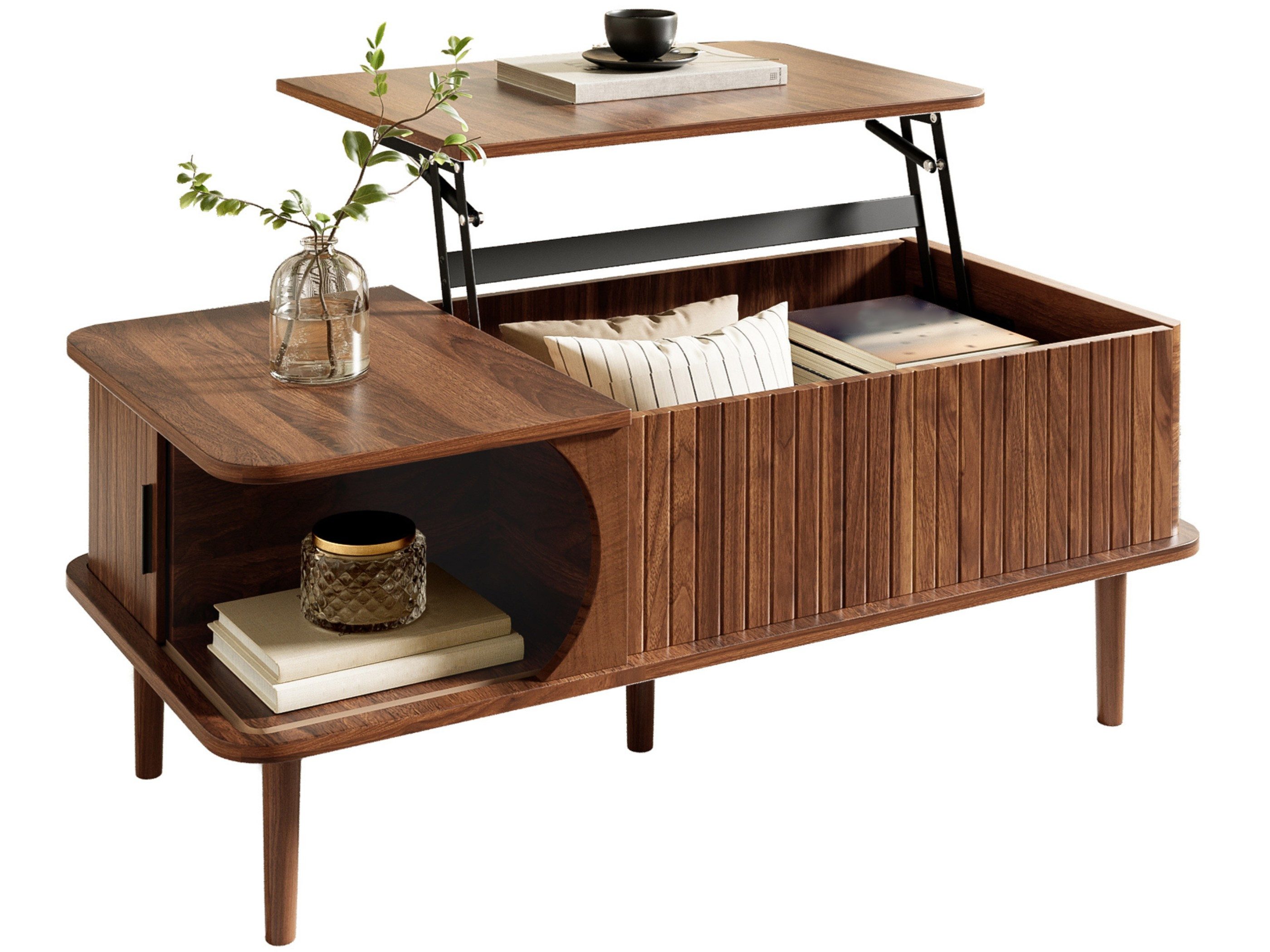 SeedWave Couchtisch Sofatisch mit höhenverstellbarer Tischplatte 41-55,5 cm und Stauraum (1 Tisch), Wohnzimmertisch in Retro-Rillenoptik mit Holzbeinen