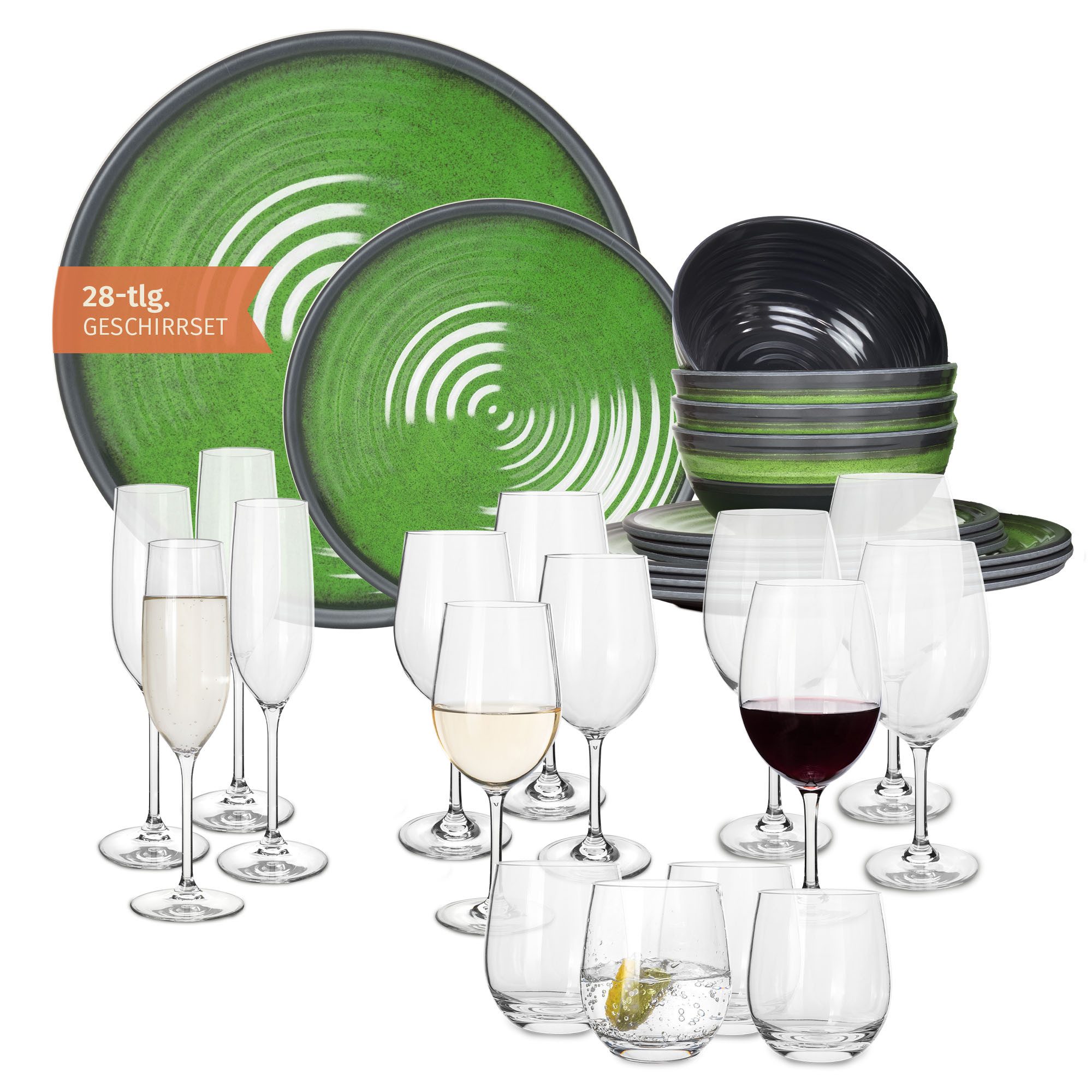 Moritz Geschirr-Set Camping Geschirr Stone Green + 16 Tiamo Gläsern