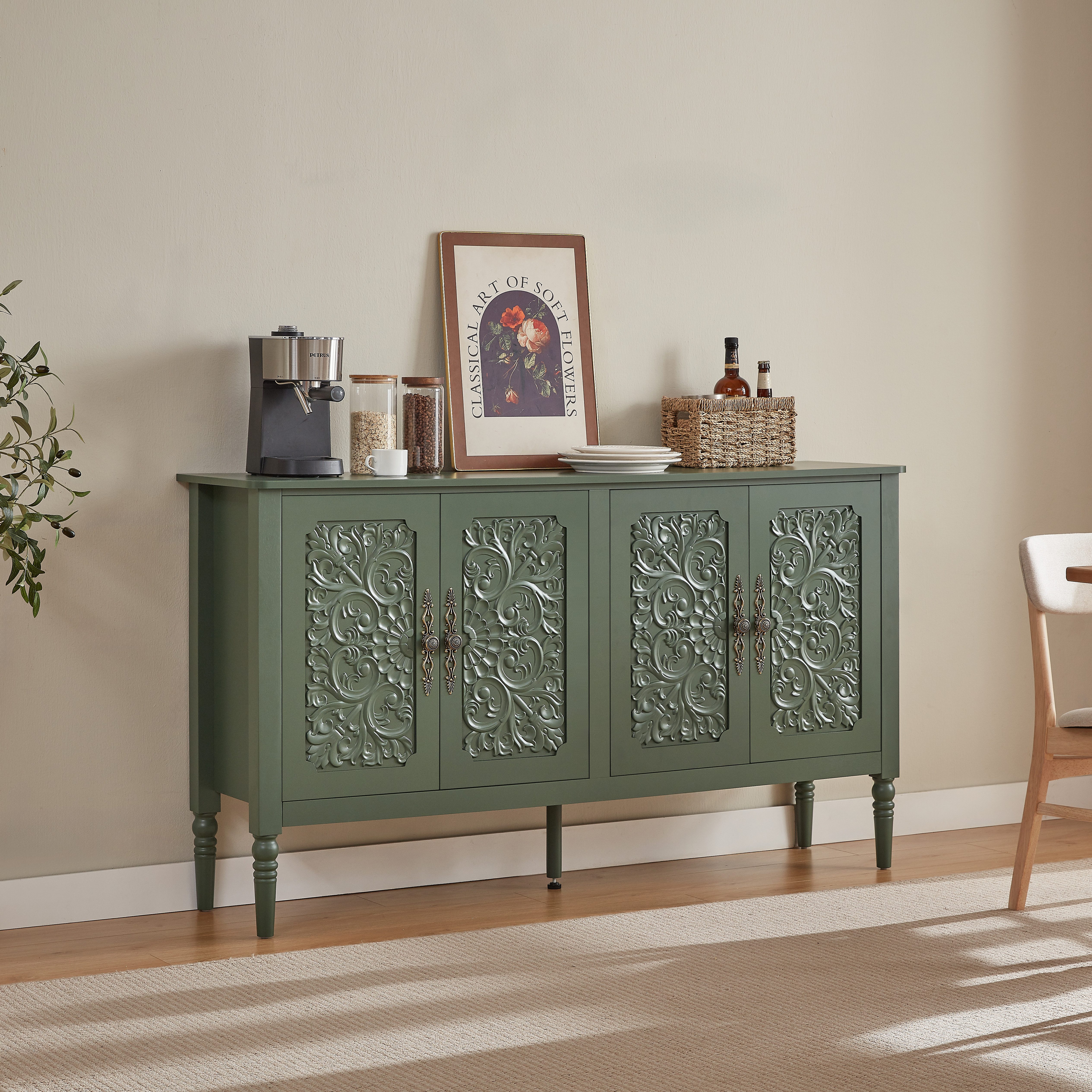 Fine Life Pro Sideboard Sideboard Vintagegrün, Relief-Schnitzerei, abgerundete Ecken