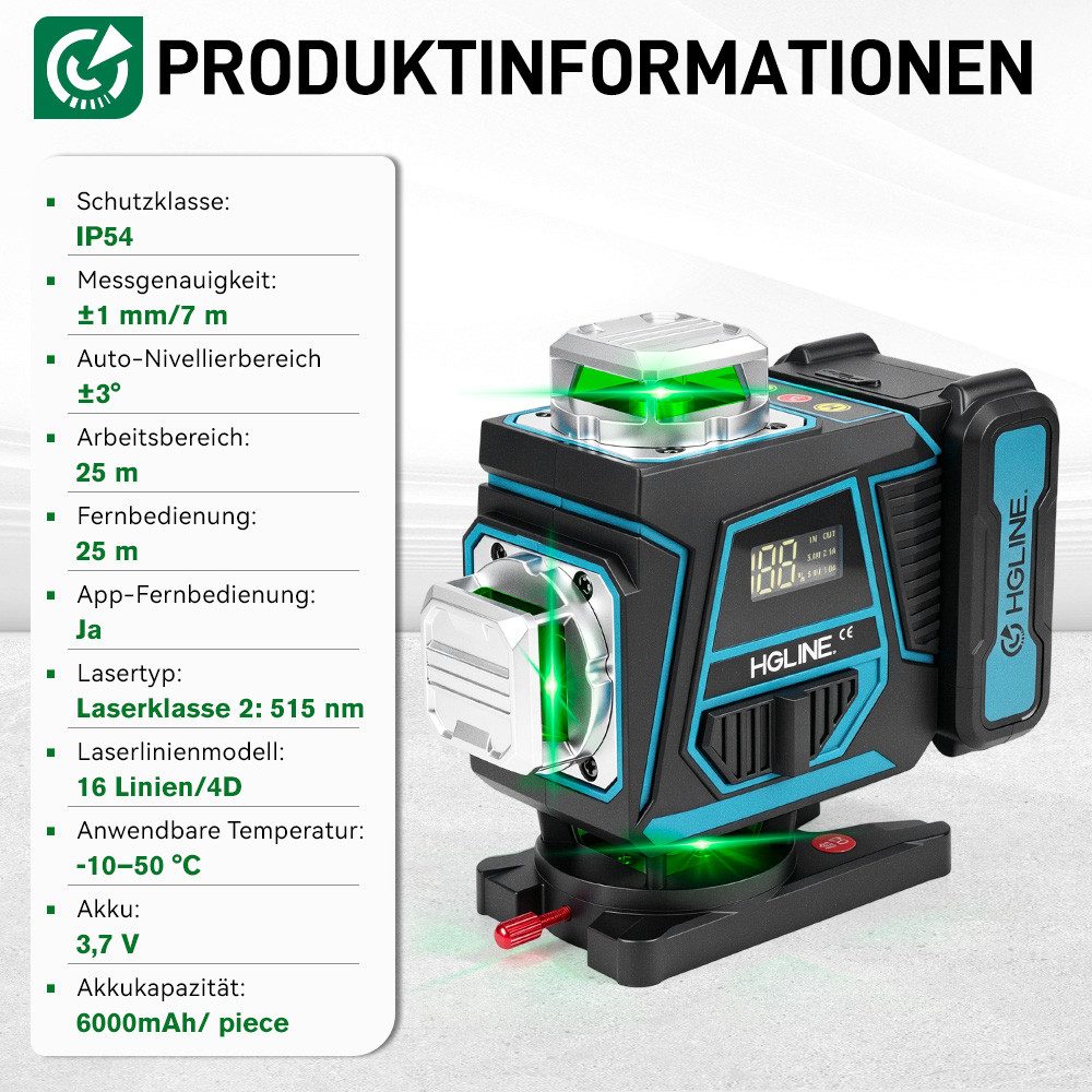 HGLINE Kreuzlinienlaser 4D 16 Linien Laser Wasserwaage – selbstnivellierender Kreuzlinienlaser, mit Stativ, 2x 6 Ah Akkus, Bluetooth-App, Fernbedienung, IP54