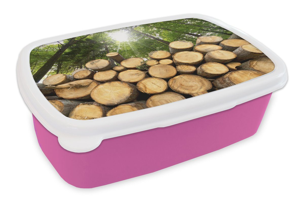 Brotbox Kunststoff, Lunchbox für Erwachsene, Kunststoff Kinder, Bäume - Mädchen, rosa MuchoWow Snackbox, (2-tlg), Brotdose Wald, - Holz
