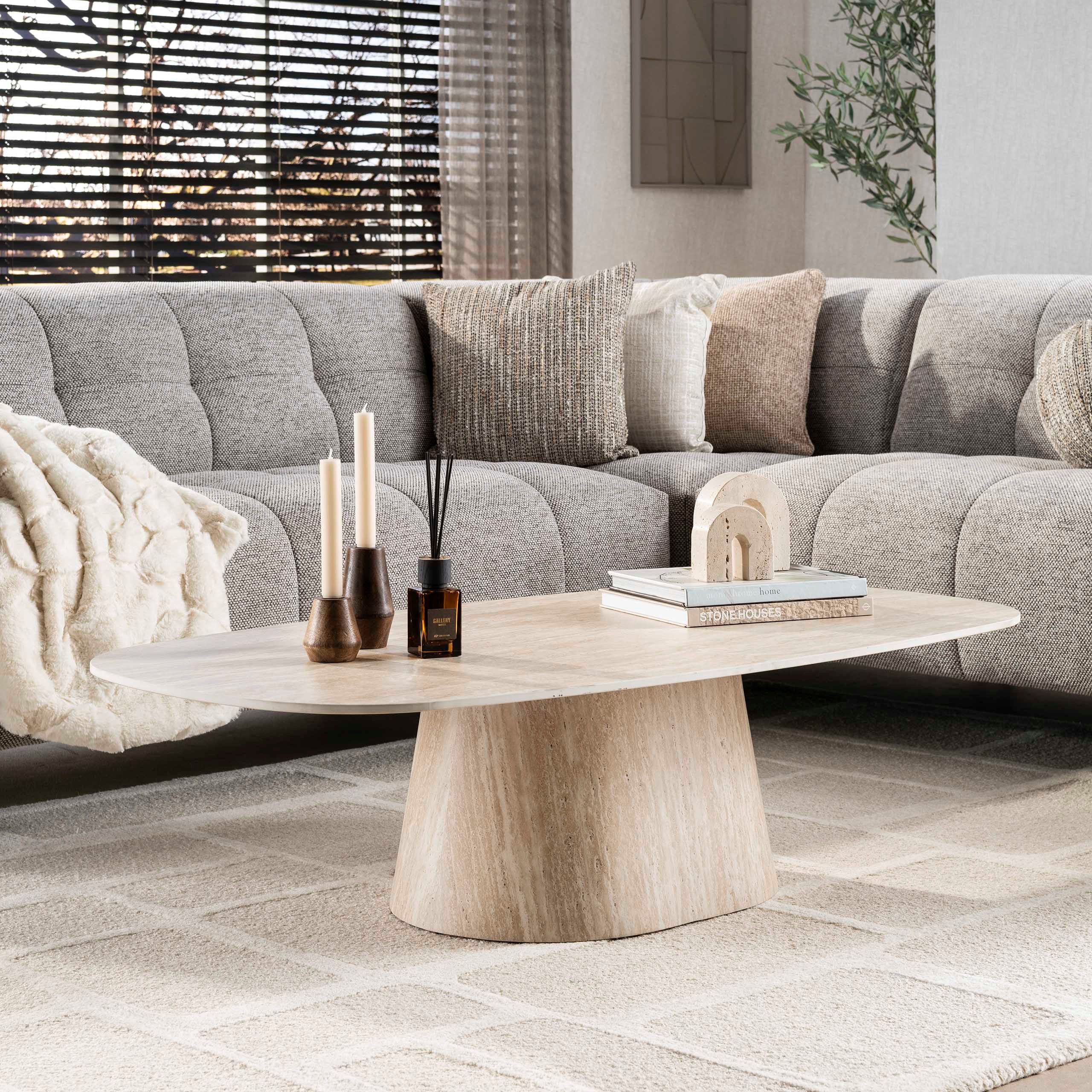 alesvelt Couchtisch CENTRO TRAVERTINO Dänisch-Ovaler Keramik-Couchtisch im Monolith-Design (1-Tisch), 135x70x35 cm Keramik, Travertin-Design