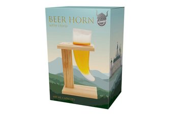 Winkee Bierglas Bier Horn mit Ständer, Glas, Holz, Met Trinkglas, für ca. 600 ml