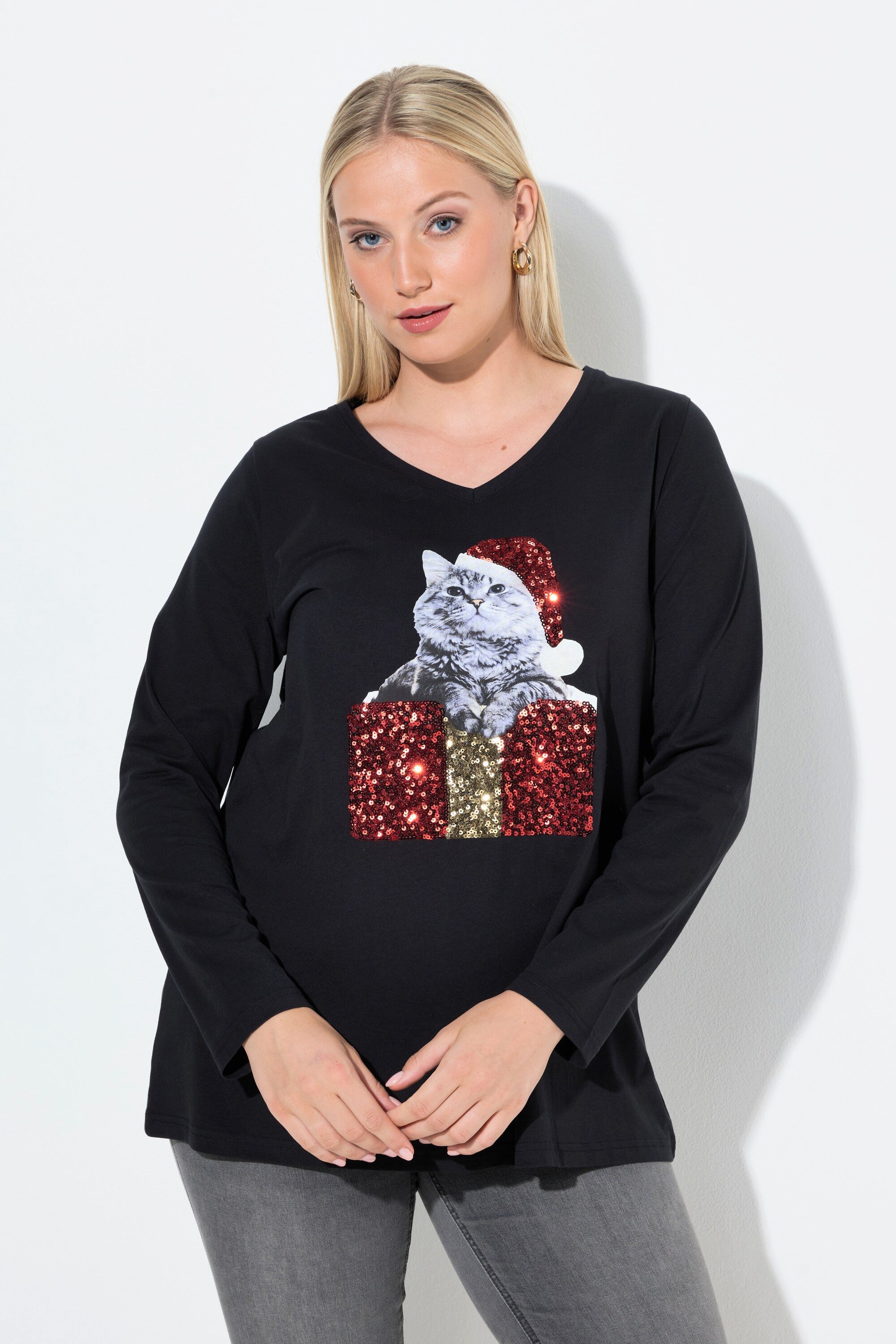 Ulla Popken Longsleeve Shirt Katze Pailletten günstig online kaufen