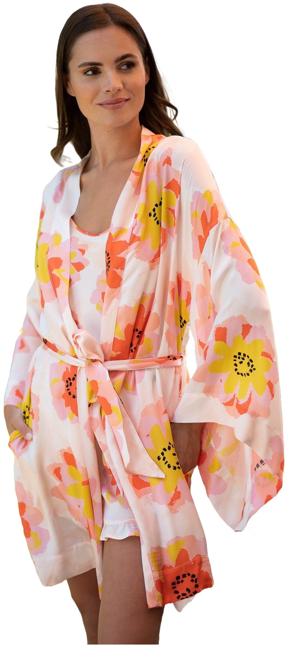 OH!ZUZA Kimono Damen Morgenmantel, kurz, Viskose, Gürtel, Viskosesatin