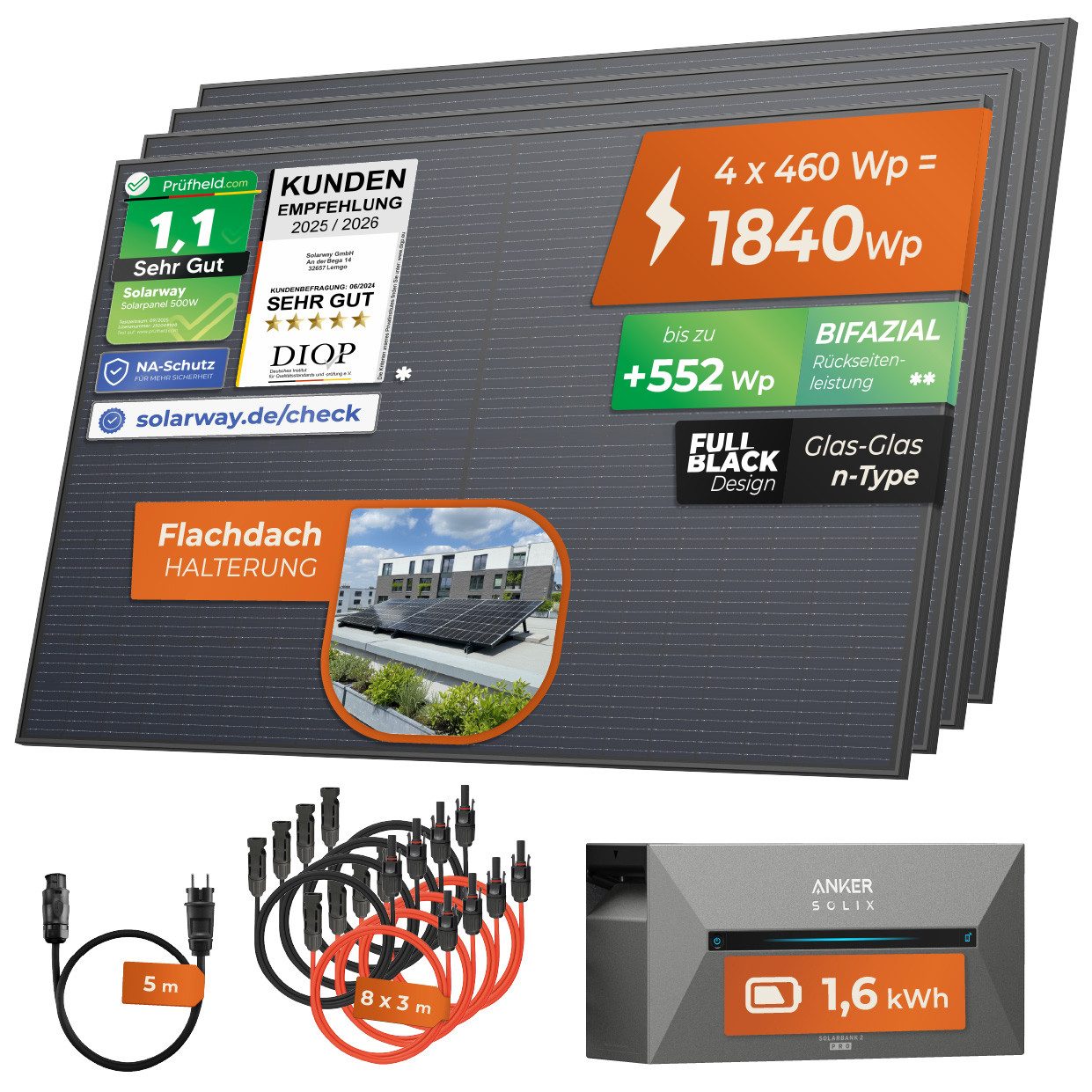 Solarway Balkonkraftwerk 1840 Wp / 800 Watt All in One mit 1,6 kWh Anker 2 Pro Speicher, 1840 W, Monokristallin, (460W Solarmodule & Anker Speicher & Zubehör), Komplettset Solaranlage Steckdose / Bifazial