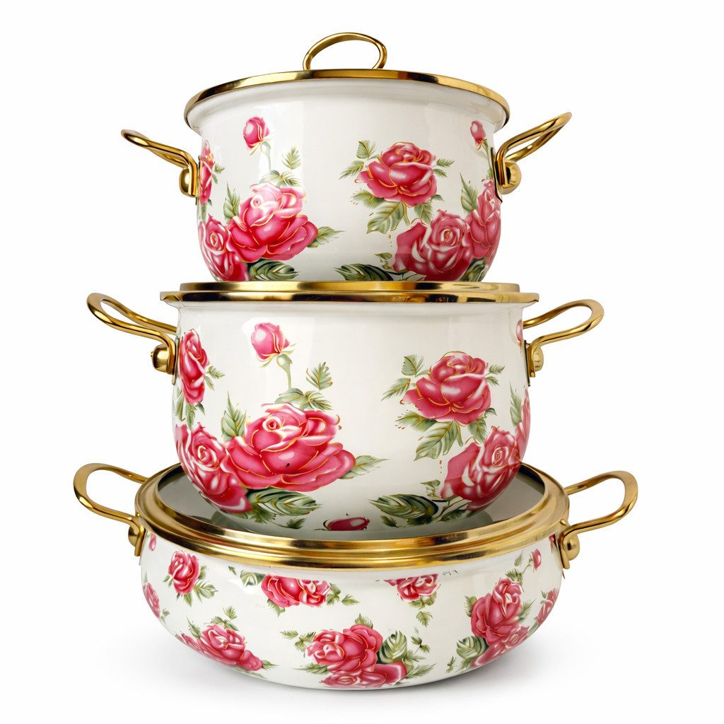 Zilner Topf-Set Kollektion emaillierter 3 Töpfe klassischen Natur inspirierten Designs, Aluminiumguss, Emaille (6-tlg)