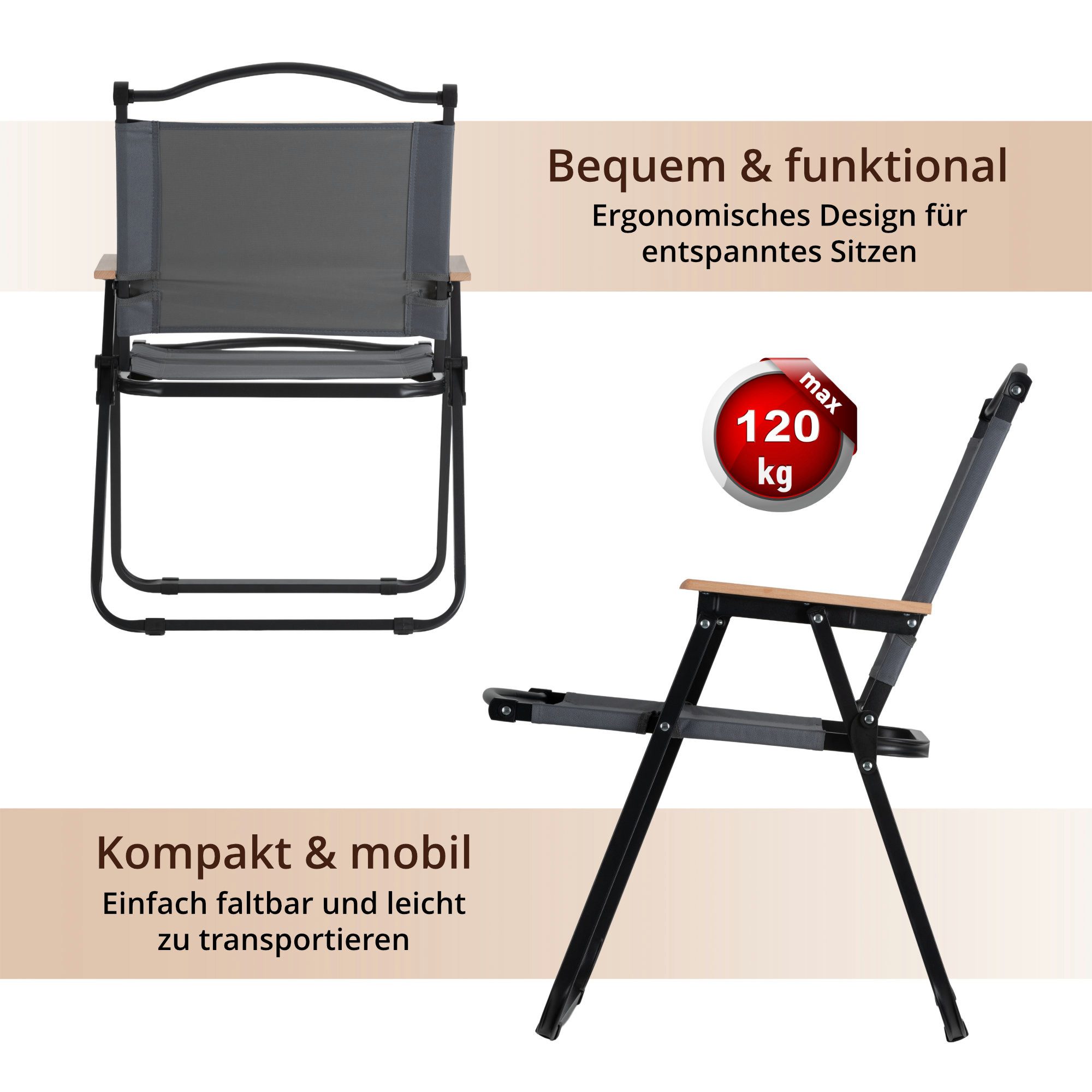 Stagecaptain Campingstuhl CSH-67 Camping Klappstuhl faltbar leicht - mit Holzarmlehnen (2 St), Faltstuhl bis 120 kg – Bild 4 von 5