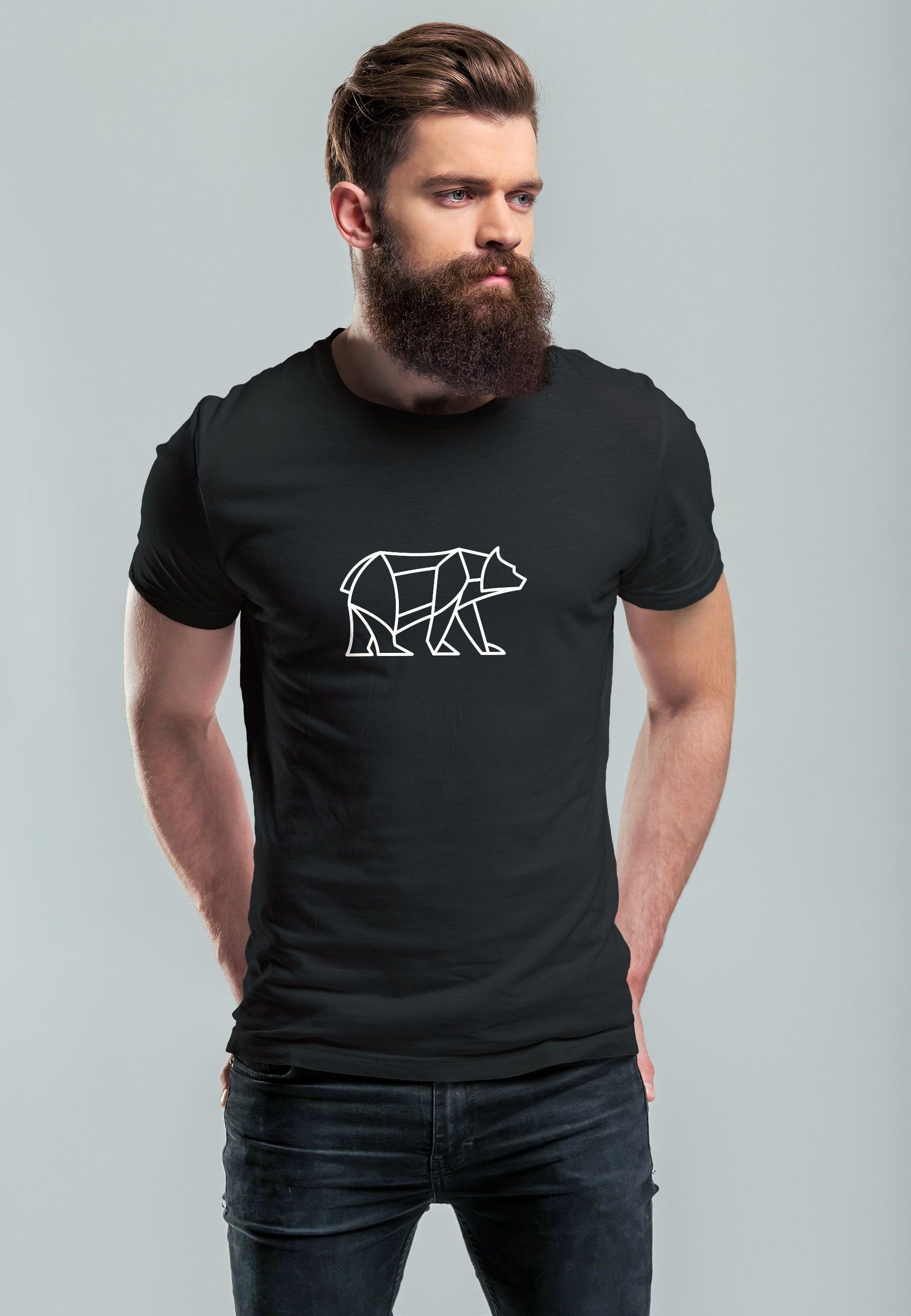 T-Shirt 2 Design Polygon Print-Shirt Fashion Herren schwarz Print Bear Outdoor Polygon Tiermotiv Bär Print mit Neverless
