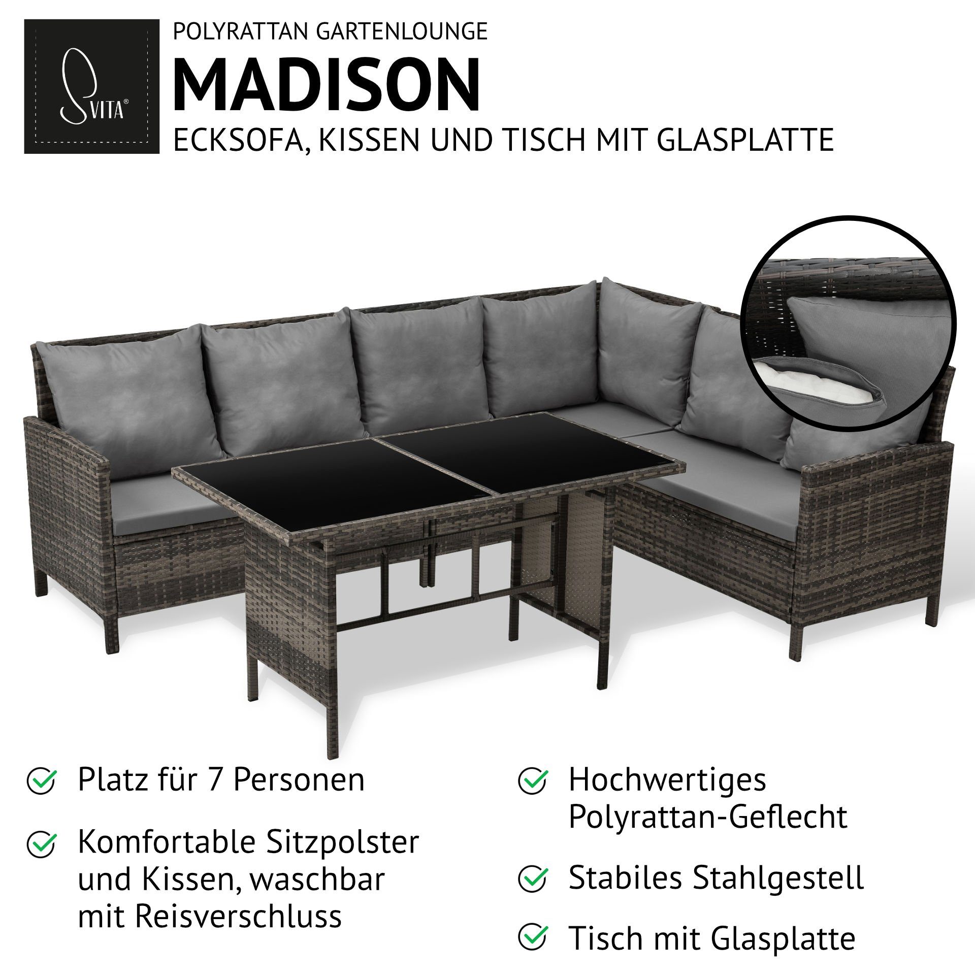 SVITA Eckbankgruppe MADISON, (Set, 2-tlg., Lounge mit Tisch), Gartenlounge,  Sitzlounge, Tisch mit Glasplatte