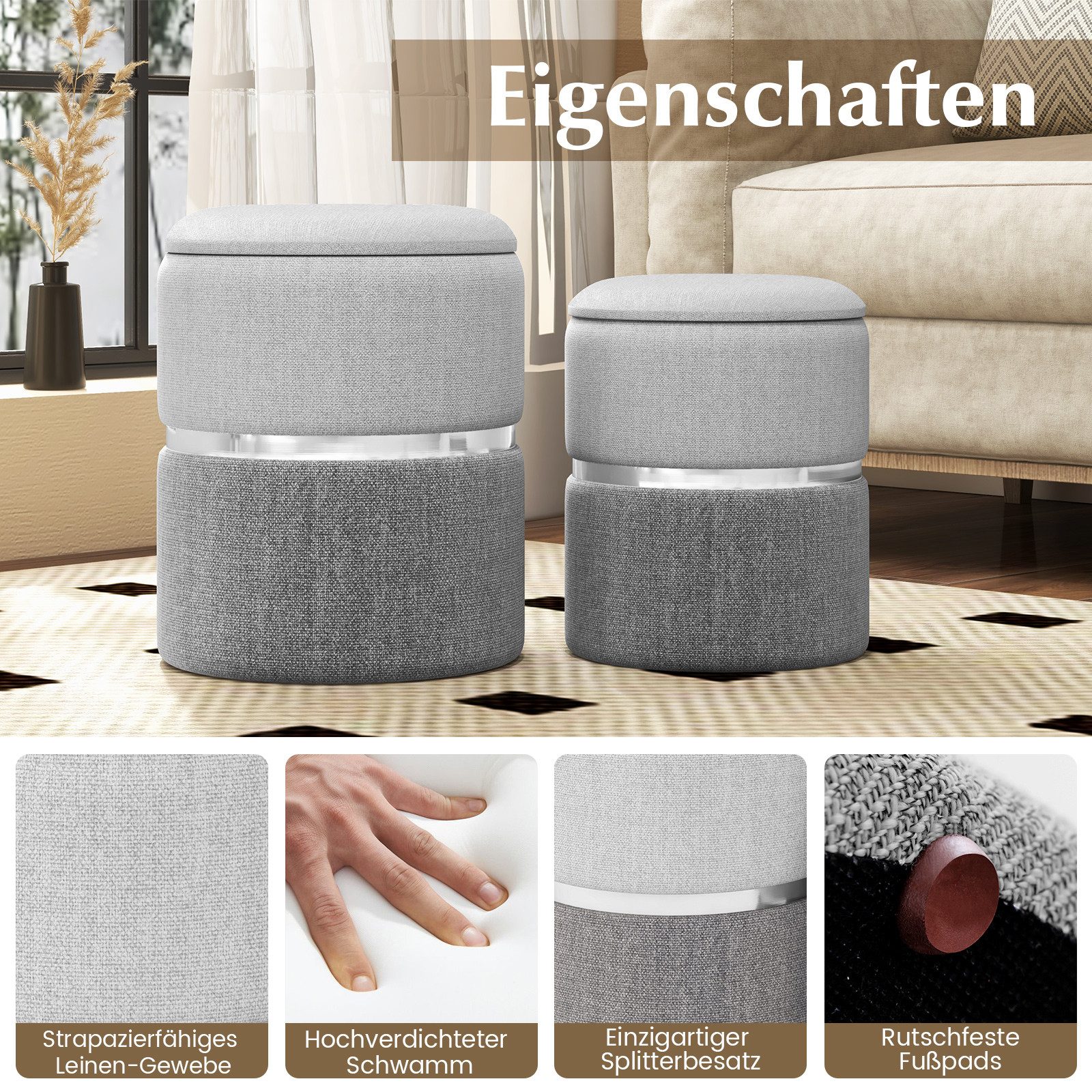 COSTWAY Sitzhocker mit Stauraum rund stapelbar (2er Set), Fußhocker gepolstert – Bild 4 von 5
