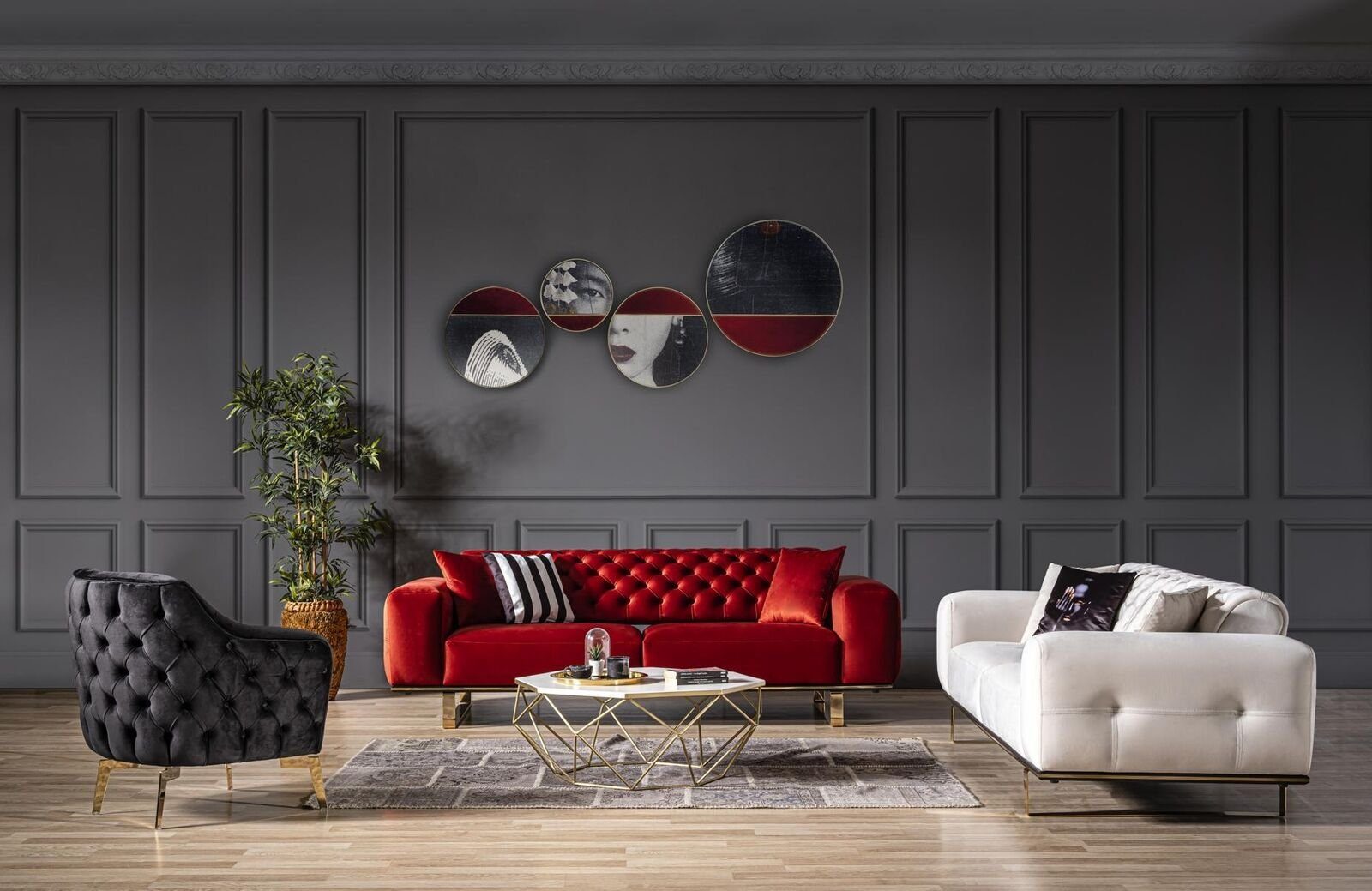 JVmoebel Wohnzimmer-Set Sofagarnitur 3+3+1 Sitzer Sofa Sessel Stoff Rot  Chesterfield Luxus, (3-St., 2x 3-Sitzer + Sessel), Made in Europa