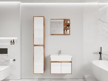 MIRJAN24 Badmöbel-Set Cyprus, (4er-Set, Hochschrank, Spiegel, Waschbeckenschrank, Waschbecken), mit Siphon und Montageelemente