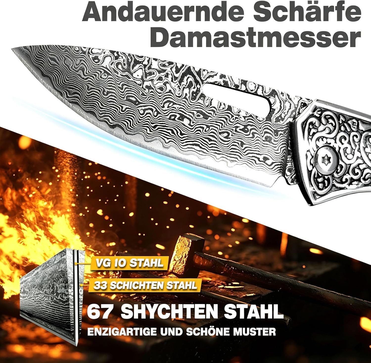 KingLux Damastmesser Damast Taschenmesser Klappmesser mit Damaststahl Klinge – Bild 5 von 5
