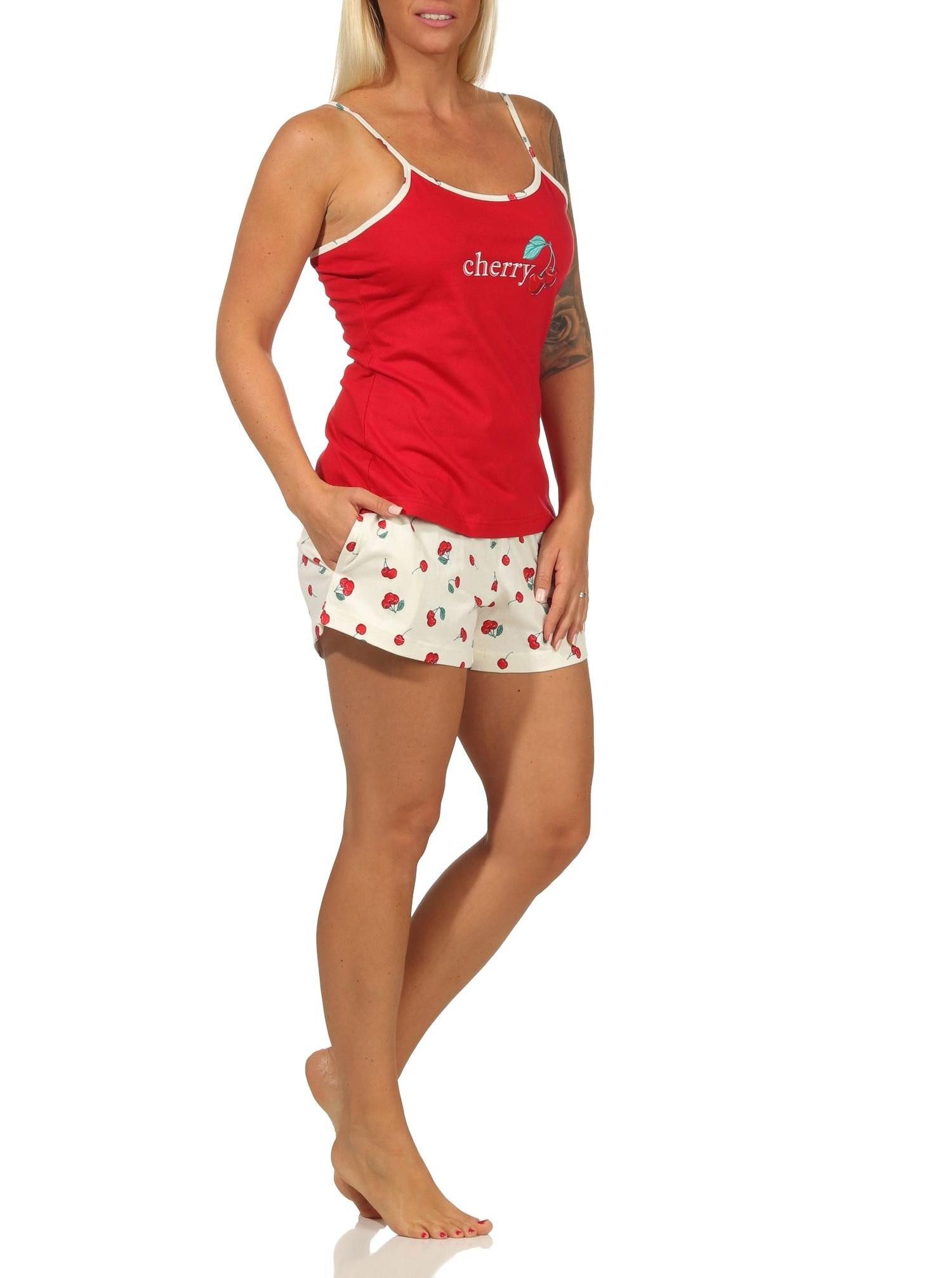 Normann Pyjama Süsser ärmelloser Damen Schlafanzug Shorty Pyjama mit Kirschen Motiv – Bild 2 von 5