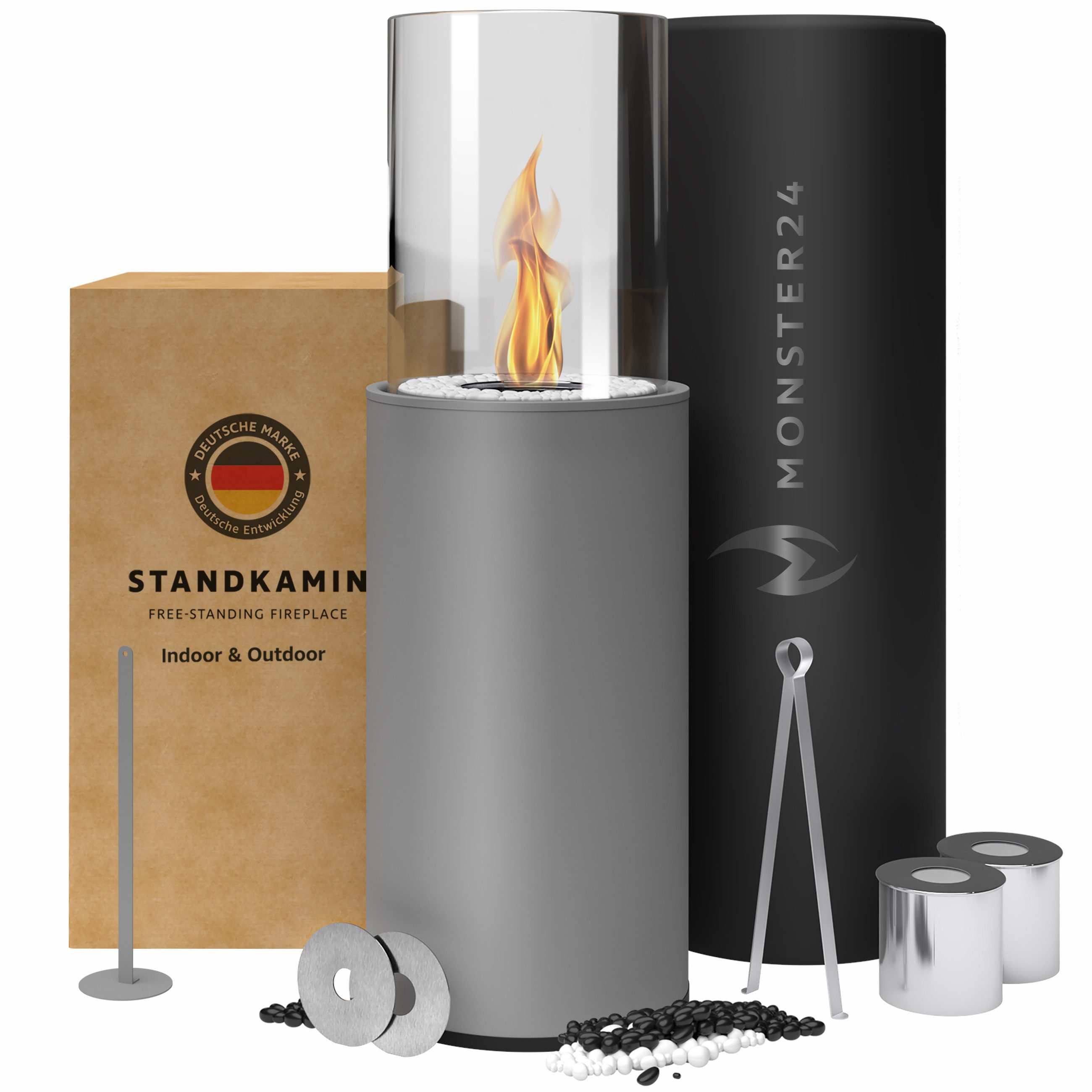 Monster24 Echtfeuer-Dekokamin Bio-Ethanol Standkamin für Indoor & Outdoor (80x26x26 cm)