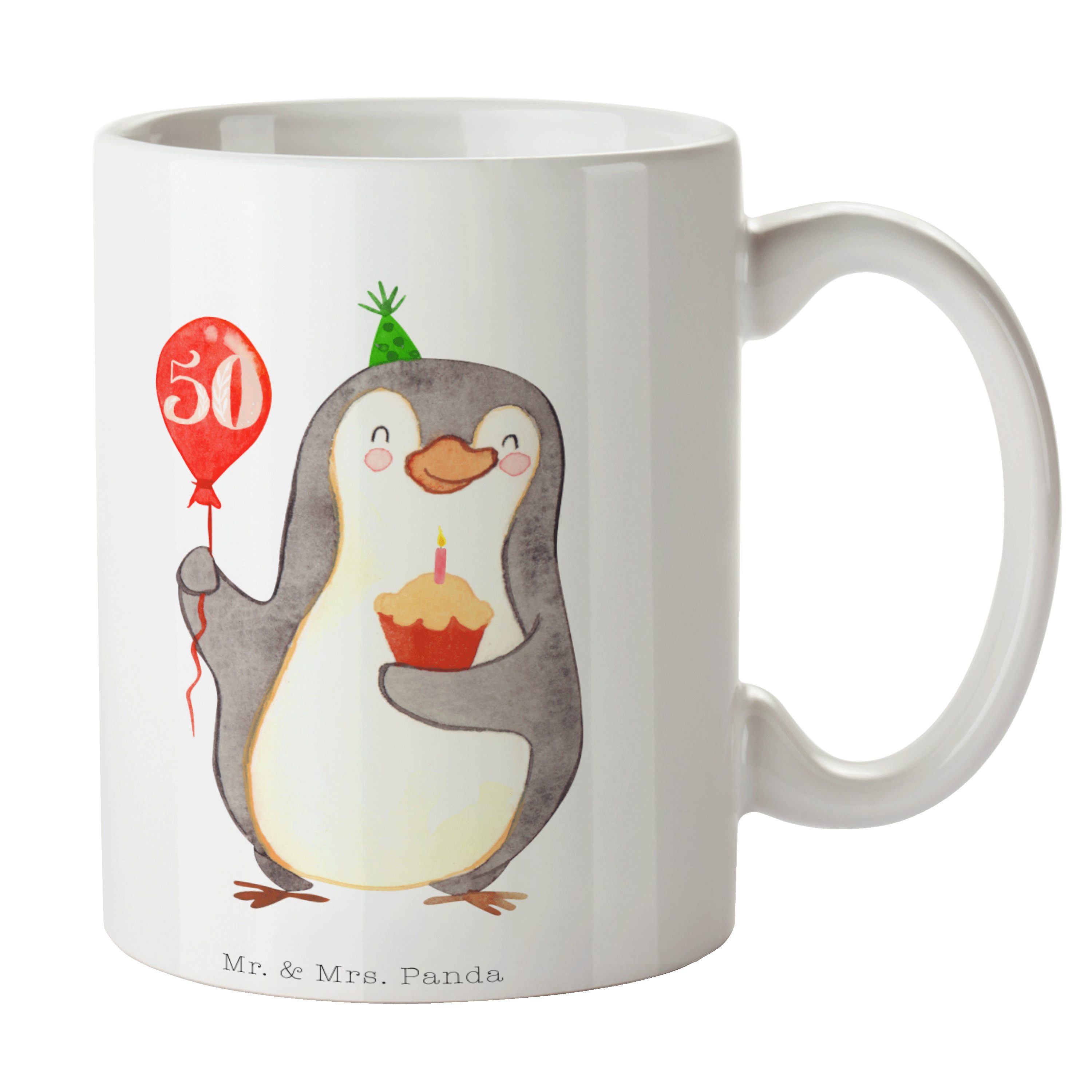 Mrs. Panda Tasse Pinguin K, Luftballon - Mr. 50. Weiß Tasse, Geburtstag - Becher, Keramik & Geschenk,