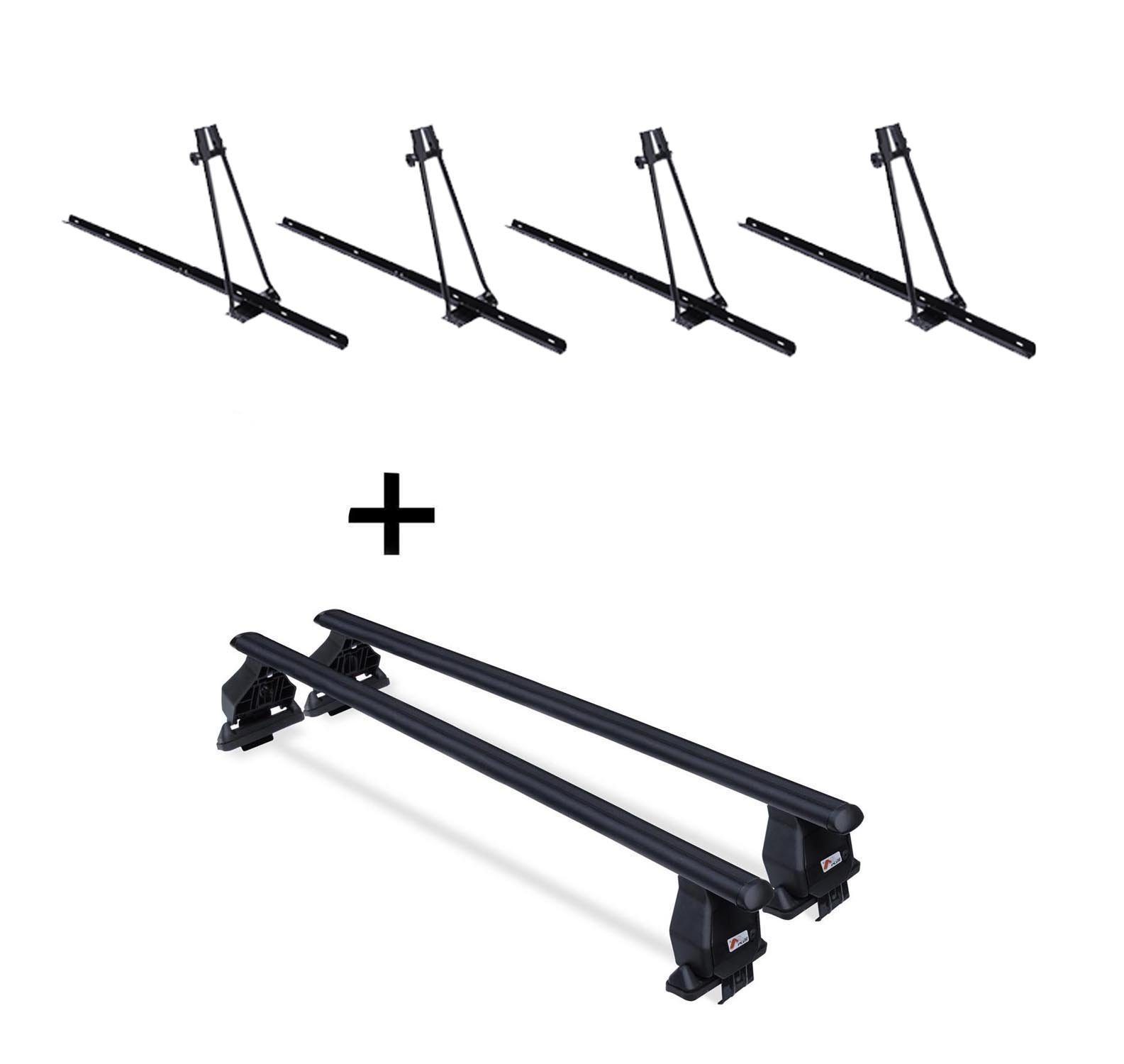 VDP Dachträger (Für Ihren Tata Vista (Kombilimousine 5 Türer) ab 2008, Dachträger und vier Fahrradträger/Fahrradhalter im Set), 4x Fahrradträger ORION + Dachträger Menabo Tema Stahl kompatibel mit Tata Vista (Kombilimousine 5 Türer) ab 2008