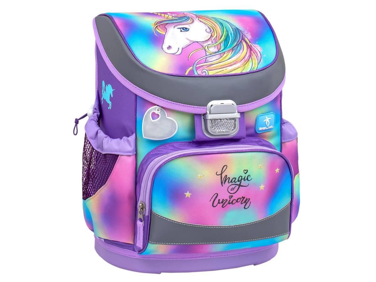 Belmil Schulranzen "Mini-Fit" 2026 für kleine Kinder 1. Klasse (Set, 4-tlg., mit Sportbeutel, Federtasche, Schlamper, Brustgurt), Einhorn mit Regenbogenmähne, Einschulung, Grundschule, für Mädchen