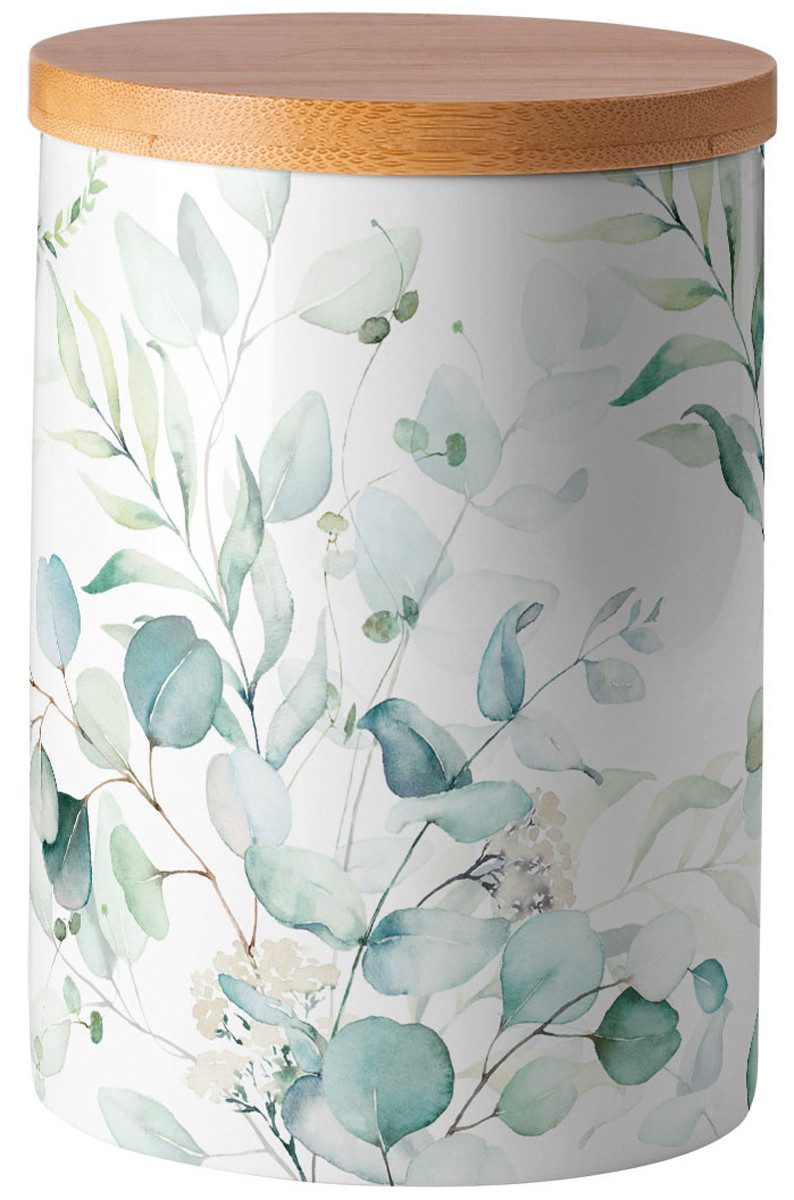 Ambiente® Vorratsdose Eucalyptus all over, Porzellan, (2-tlg., Vorratsdose mit Deckel), Porzellan Bambusdeckel New Bone China Ø 10cm Höhe 13,5cm Volumen 0,62l