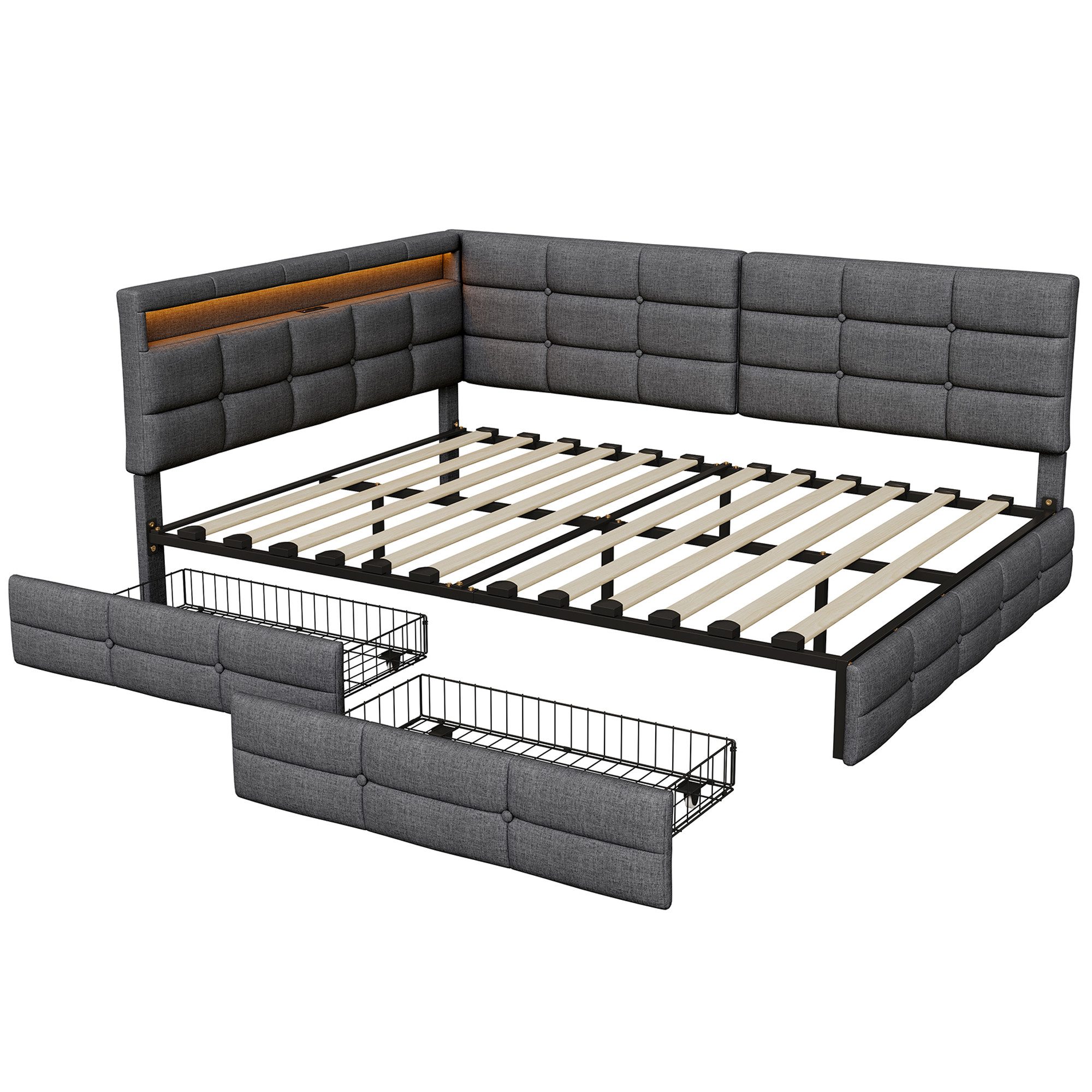 ADWOLT Schlafsofa Daybett Polsterbett Mit LED-Licht und USB-Anschluss, Set 1 Teile, 140x190 cm,Mit 2 Schubladen,Leinenstoff-Grau