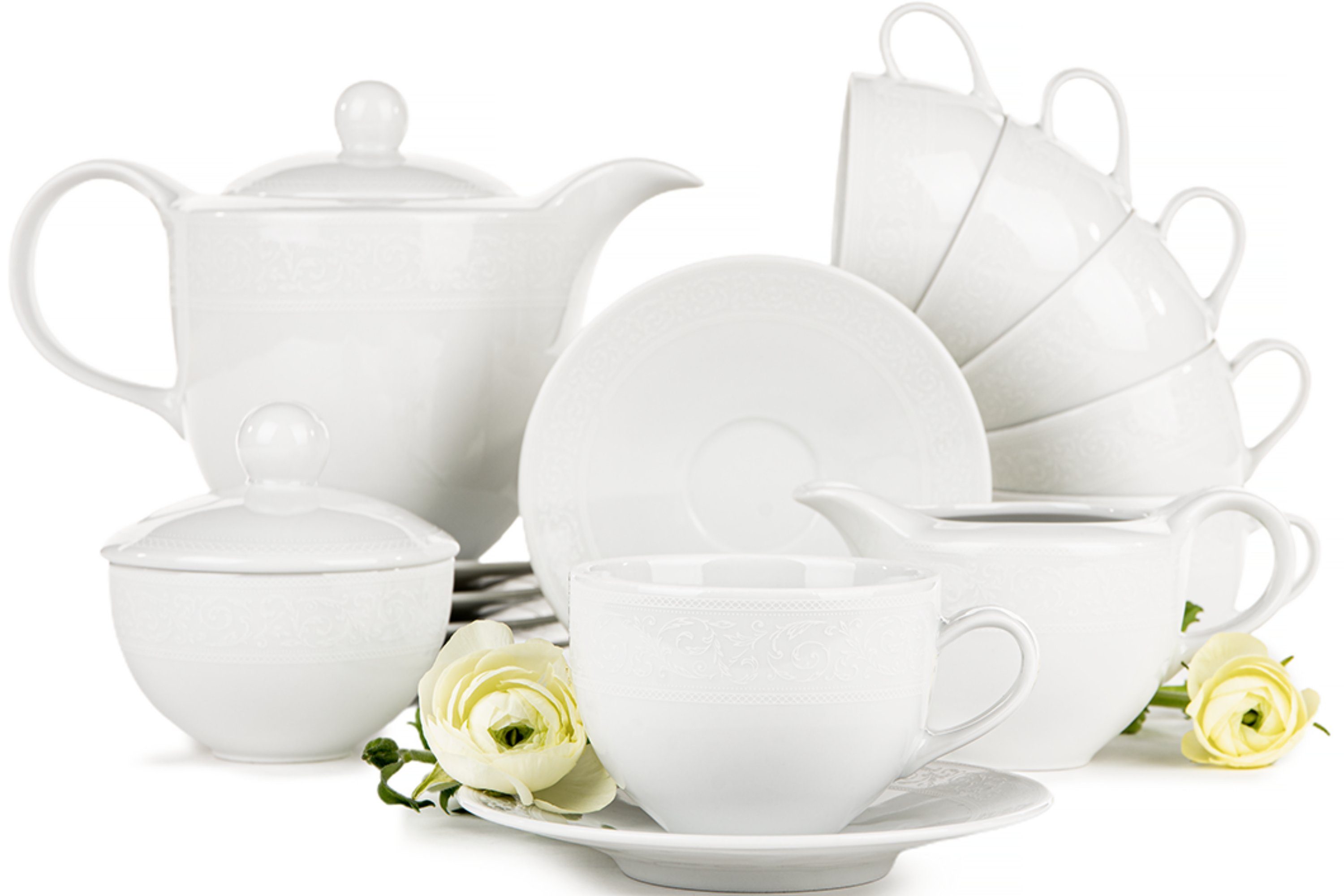 KONSIMO® Kaffeeservice AMELIA Tasse Untertasse Kaffeekanne (15-tlg), 6 Personen, Porzellan, Klassisch-Stil