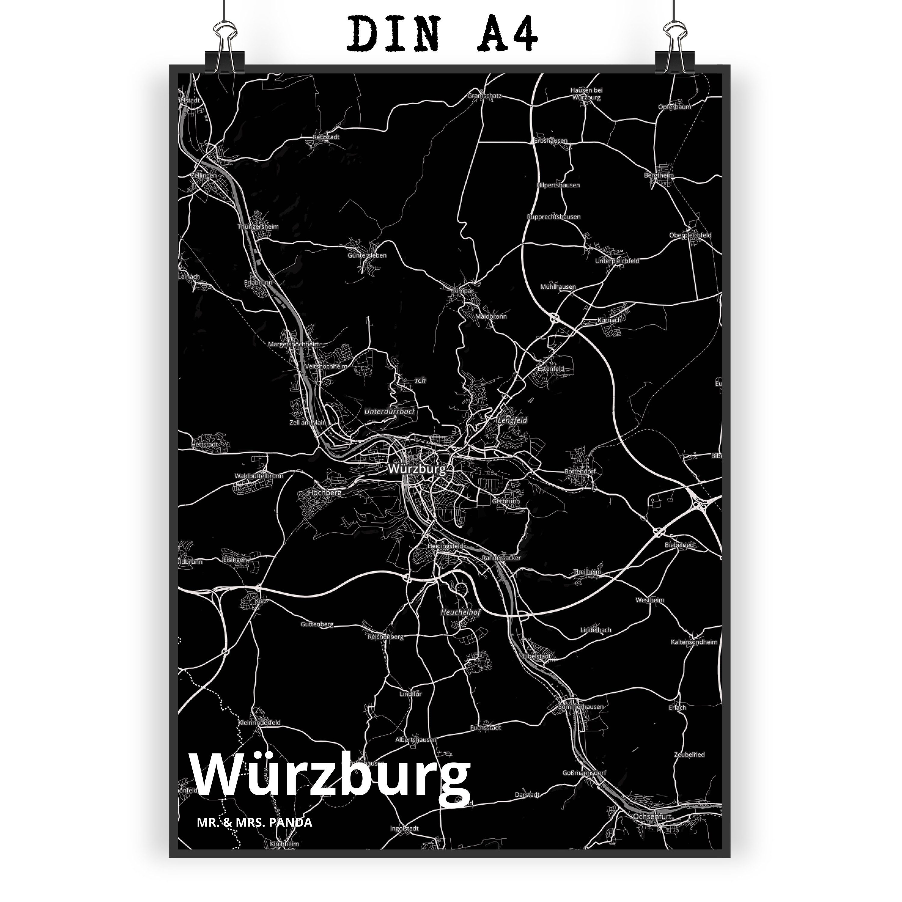 Mr. & Mrs. Panda Poster DIN A4 Würzburg - Geschenk, Ort, Dorf, Städte, Wanddeko Bild, Stadt, Stadt Black (1 St)