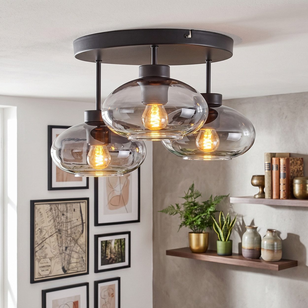 hofstein Deckenleuchte moderne Deckenlampe aus Metall/Glas in Schwarz/Rauchfarben, ohne Leuchtmittel, Leuchte mit Schirmen aus Rauchglas (18,5 cm), 3 x E27