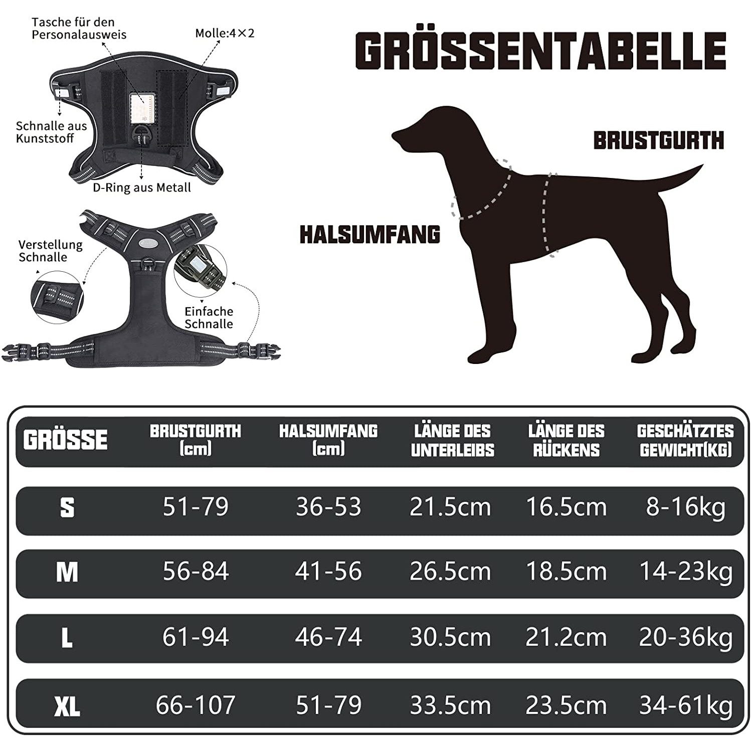 TUWENA Hunde-Geschirr Taktisches Hundegeschirr, Anti Zug Sicherheitsgeschirr für Hunde, Einfaches Anlegen & Einstellen