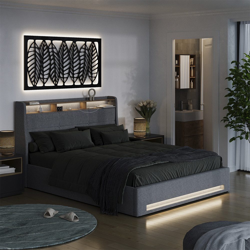 VitaliSpa® Polsterbett Christin, Grau/Eiche, 160x200 mit LED und USB-Anschluss (1-tlg)
