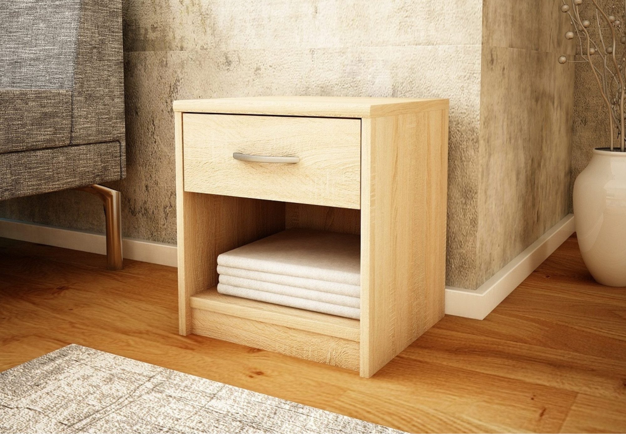 Home Collective Kommode mit 1 Schublade Nachttisch schmal mit matter Oberfläche (strapazierfähige Platte Ideal für Schlafzimmer, Wohnzimmer), 39 cm breit abgerundete Kanten und geräumiger Stauraum sonoma