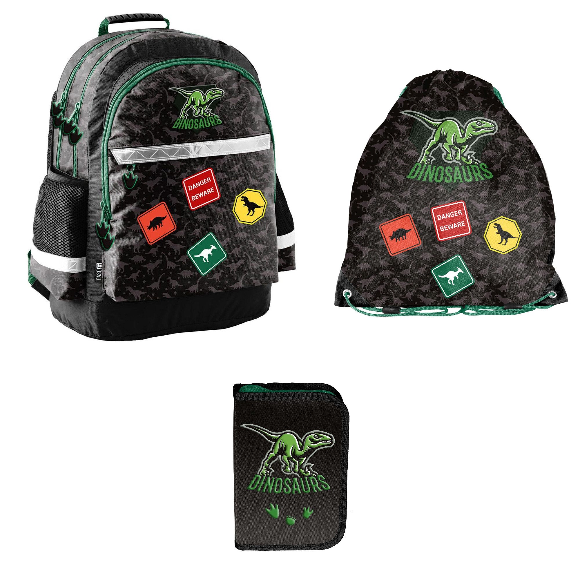 PASO Schulranzen 3-teiliges Schulset: Dinosaurier - schwarz (Rucksack + Tunrbeutel + unbefüllte Federmappe)