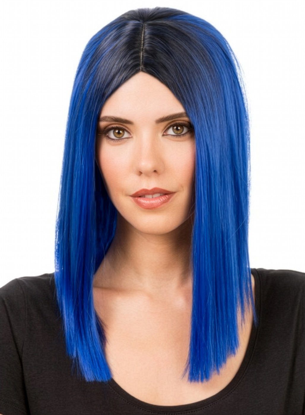 CHAKS Kostüm-Perücke Straight Cut Perücke mittellang blau, Dunkelblaues Kunsthaar im geraden Schnitt