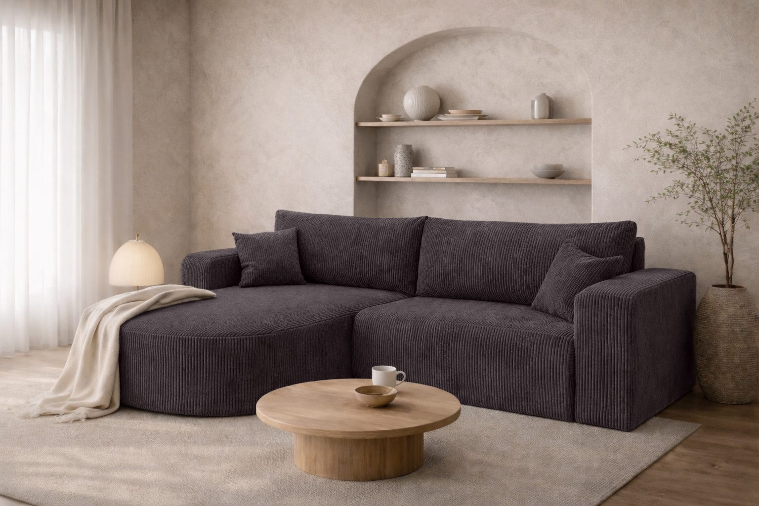 Kaiser Möbel Ecksofa mit Schlaffunktion für Wohnzimmer, Cordstoff Poso, ROUND ONE, abgerundete Form, Liegefunktion, Stauraum, modernes Design