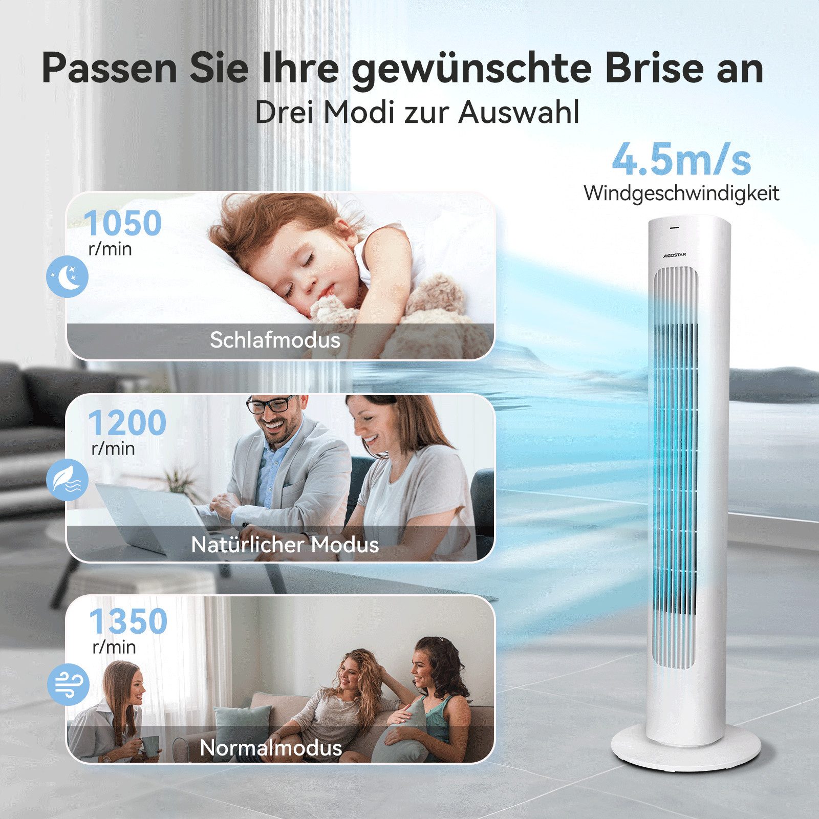 Aigostar Turmventilator Leise Ventilator Standventilator mit Fernbedienung, 70° Oszillation, 7H-Timer, Touch-Buttons, 3 Modi, 3 Geschwindigkeiten, LED-Licht