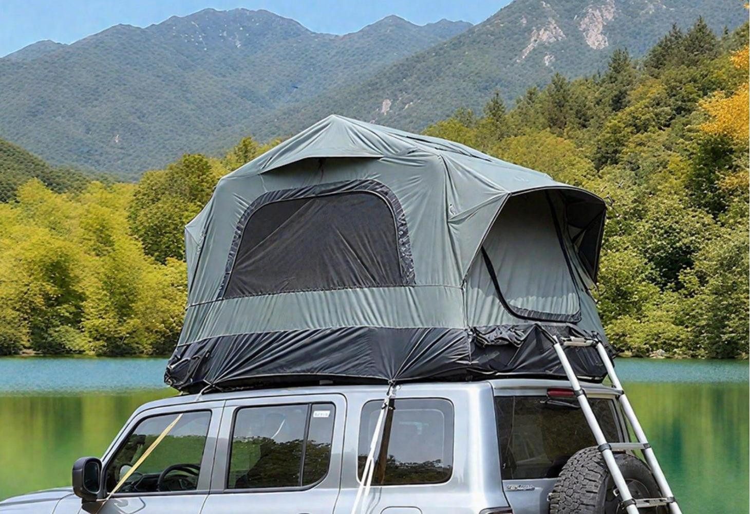 LVHOM aufblasbares Zelt Dachzelt, 220x145x133cm, dreieckiges Campingzelt, windbeständig, Personen: 3 (Zubehöre mit 1 Handpumpe, 1 Tragetasche, 10 Heringe, 2 Verstärkungsleinen, Bodenplatte und ausziehbarer Leiter, UPF50+/wasserdicht/winddicht/5 Min. aufgebaut), geeignet für Jeep, SUV