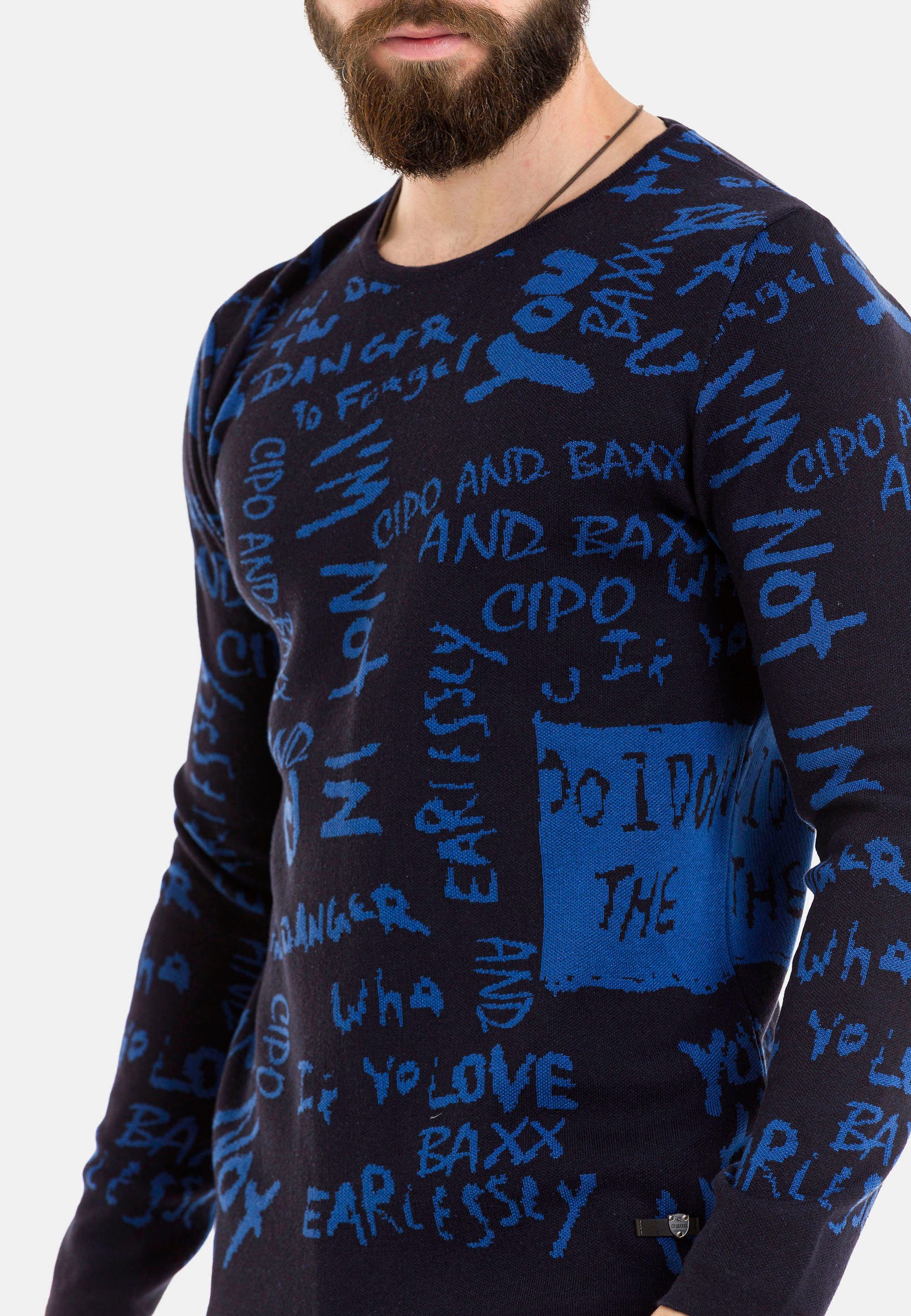 Strickpullover Schriftzug-Design & blau mit Cipo Baxx trendigem