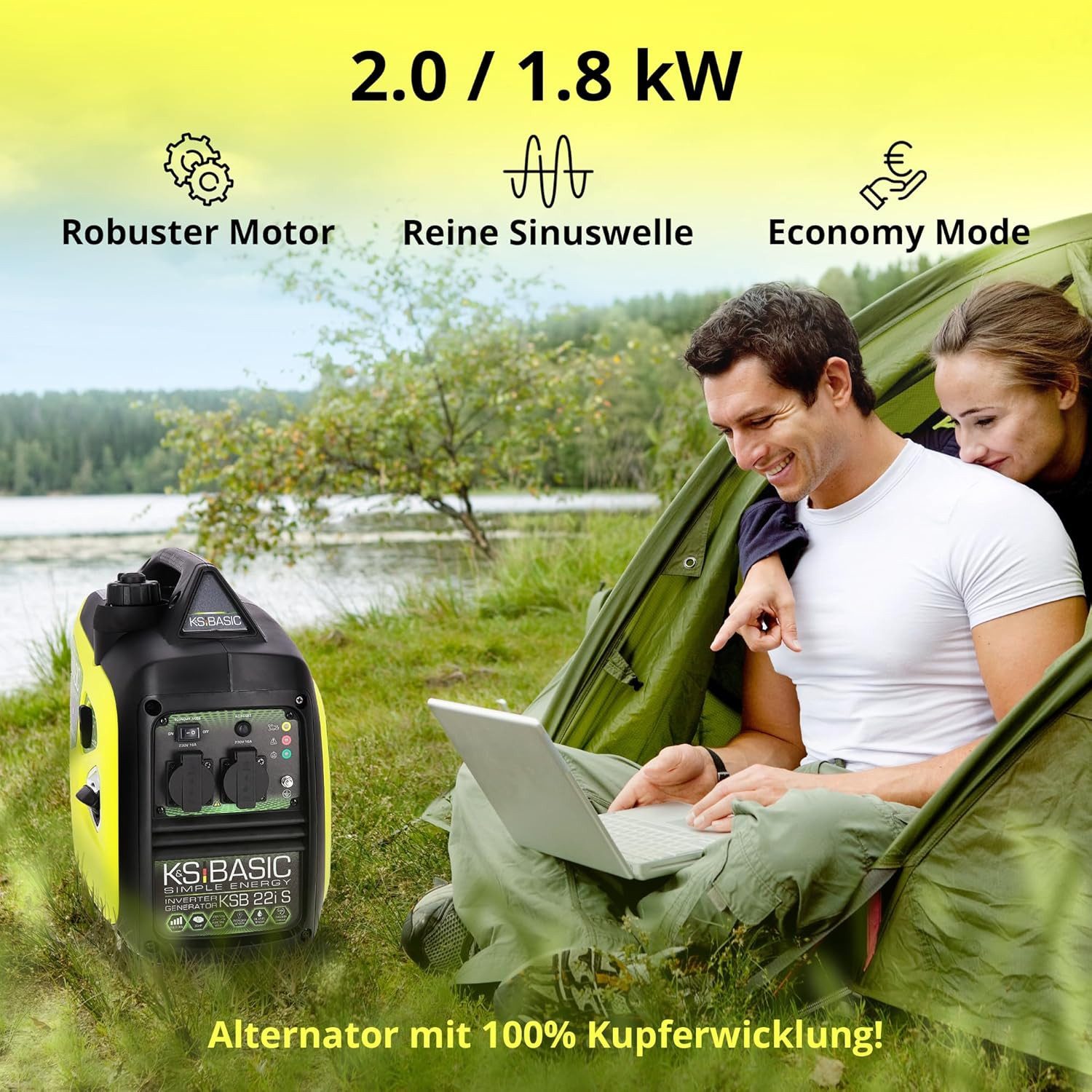 Könner & Söhnen Stromerzeuger KSB 22i S, 2,00 in kW, (Superleiser Inverter-Generator für empfindliche Geräte, 1-tlg., 2.0 kW, 62 dB(A), mit Sparmodus (ECON-MODUS) und Griff), Schalldämmgehäuse, Reine Sinuswelle, Mikroprozessor, EURO V