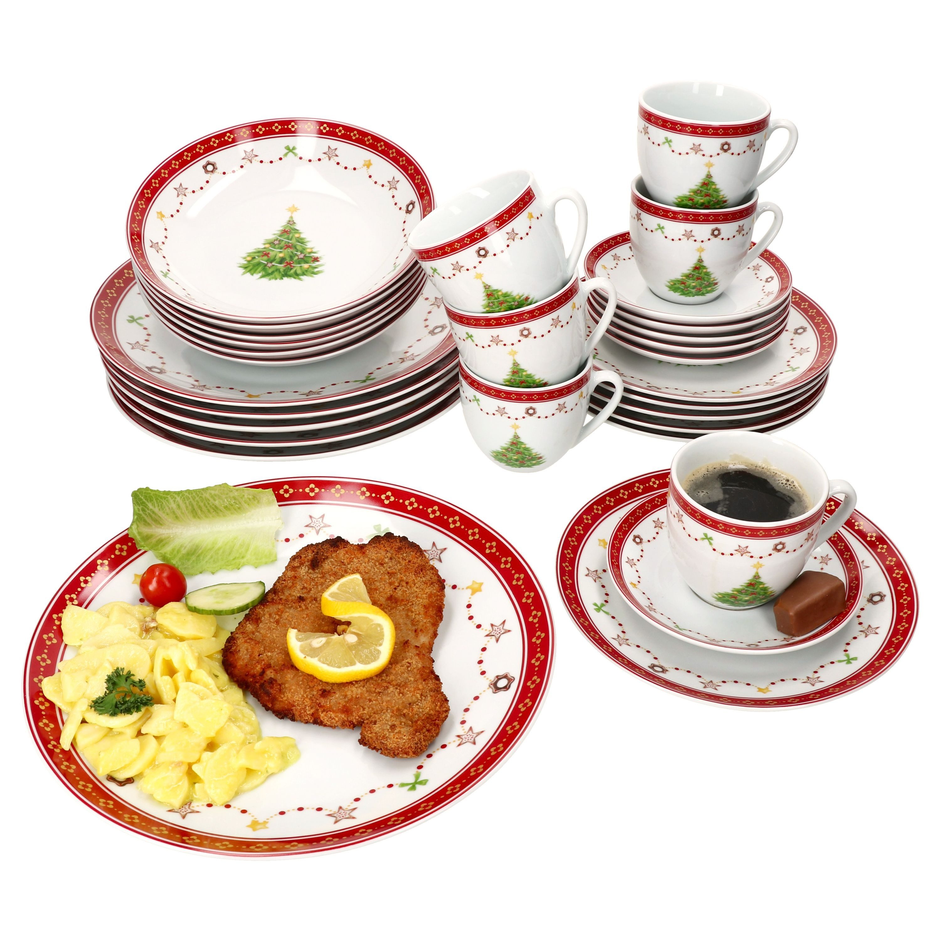 MamboCat Комбинированное обслуживание 30tlg Комбинированное обслуживание Weihnachtstraum Porzellan 6 Pers. Teller Tassen, Porzellan