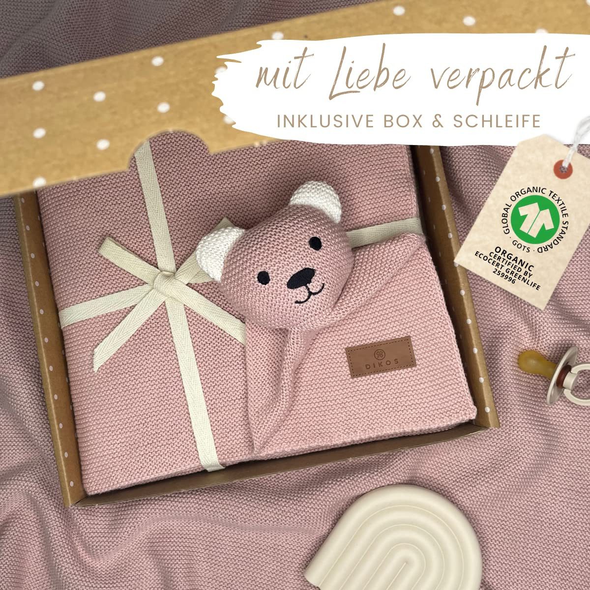 Babydecke DIKOS® Babydecke SCHMUSE-Bär Baby Geschenk Mädchen Junge Geschenkset, DIKOS, Geschenk zur Geburt, PREMIUM Qualität, 100 % BIO Baumwolle, nachhaltig – Bild 2 von 5