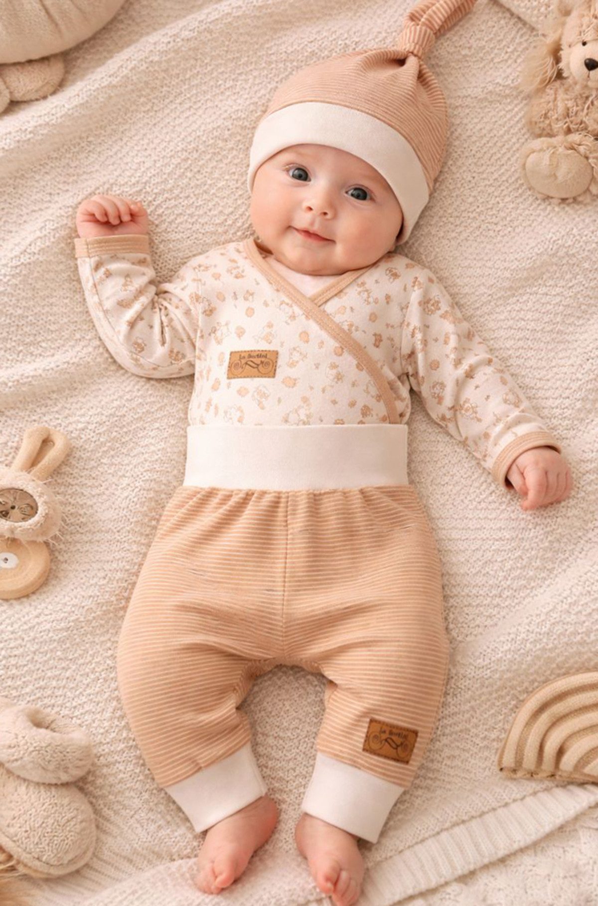 La Bortini Body & Hose Baby Set Wickelbody Hose Mütze in Beige neutral Erstlingsset unisex, für Neugeborene, 44 50 56 62 68 74