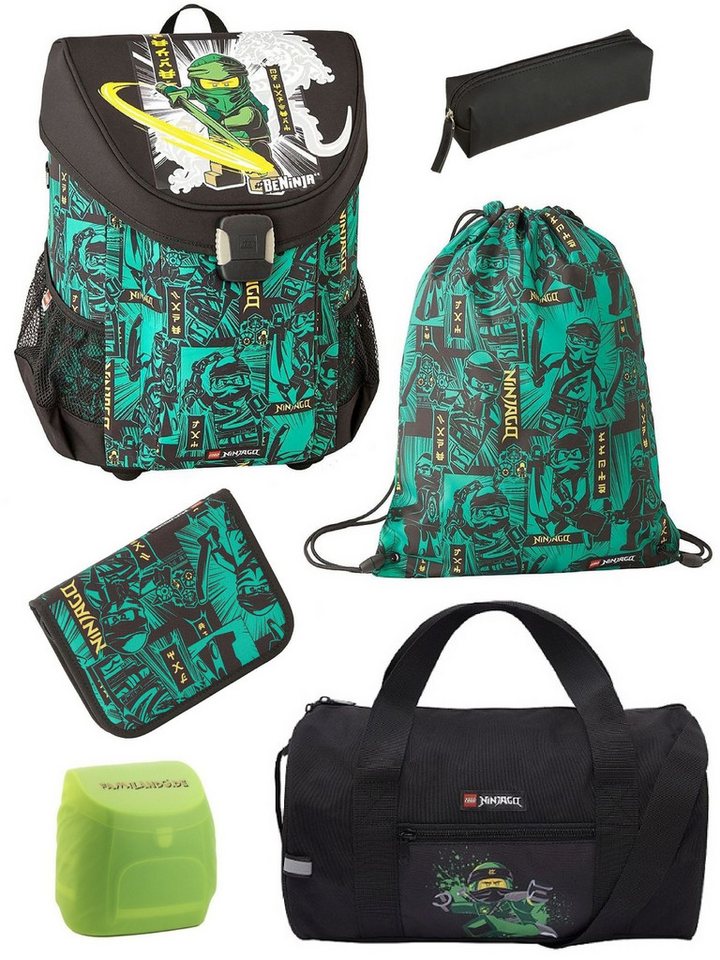 LEGO® Bags Schulranzen Lego Ninjago Schultasche Easy Green ab der 1. Klasse (Set, 6-tlg., inkl. Federmäppchen und Sporttasche), ergonomisch, 790 Gramm leicht, mit Brustgurt, Ninja Lloyd