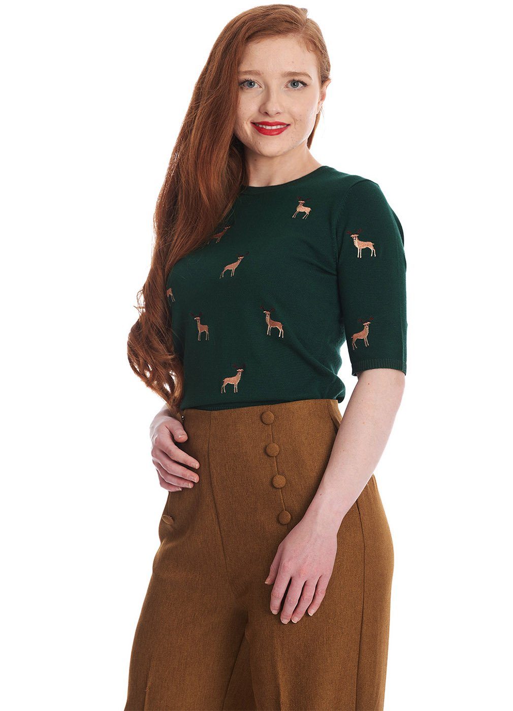 Banned Strickpullover Sweet Deer Grün Vintage Rockabilly Rehe